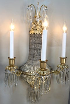 Pair of Bronze and Beaded Crystal Wall Sconces