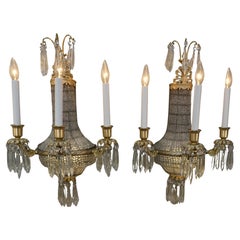 Pair of Bronze and Beaded Crystal Wall Sconces