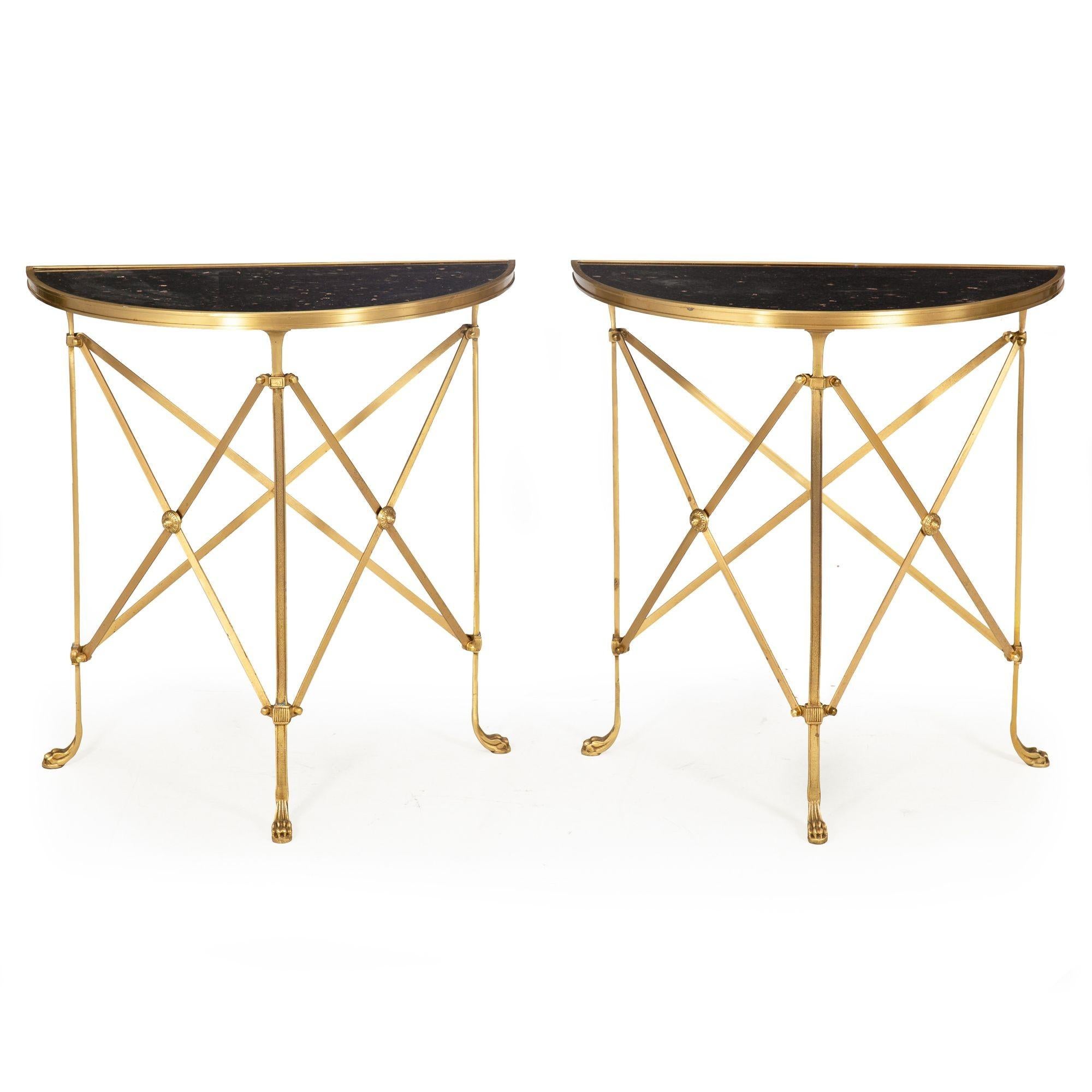 French Pair of Bronze and Black Granite Demilune Console Tables, Manner of Jansen For Sale
