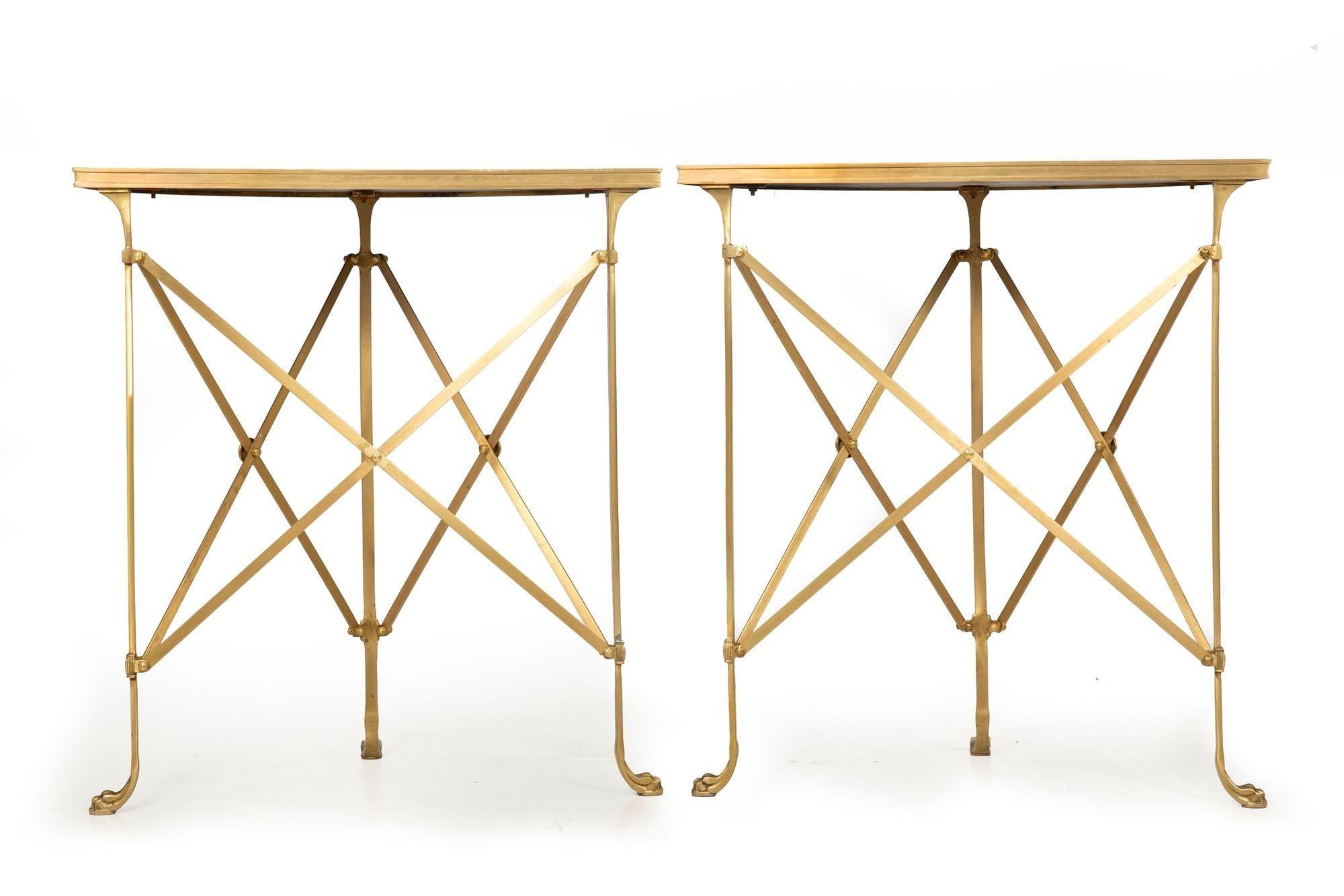 Gilt Pair of Bronze and Black Granite Demilune Console Tables, Manner of Jansen For Sale