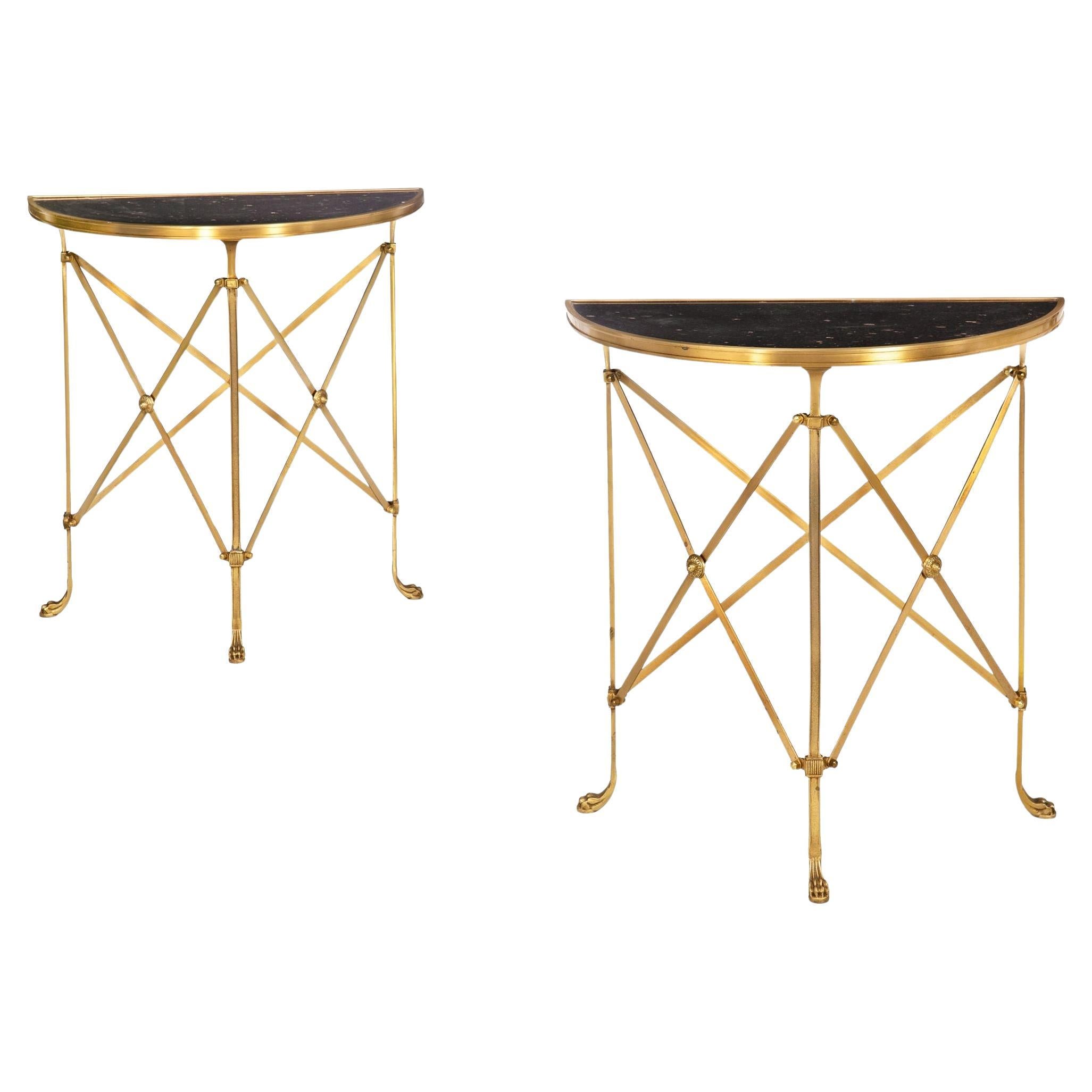 Pair of Bronze and Black Granite Demilune Console Tables, Manner of Jansen For Sale