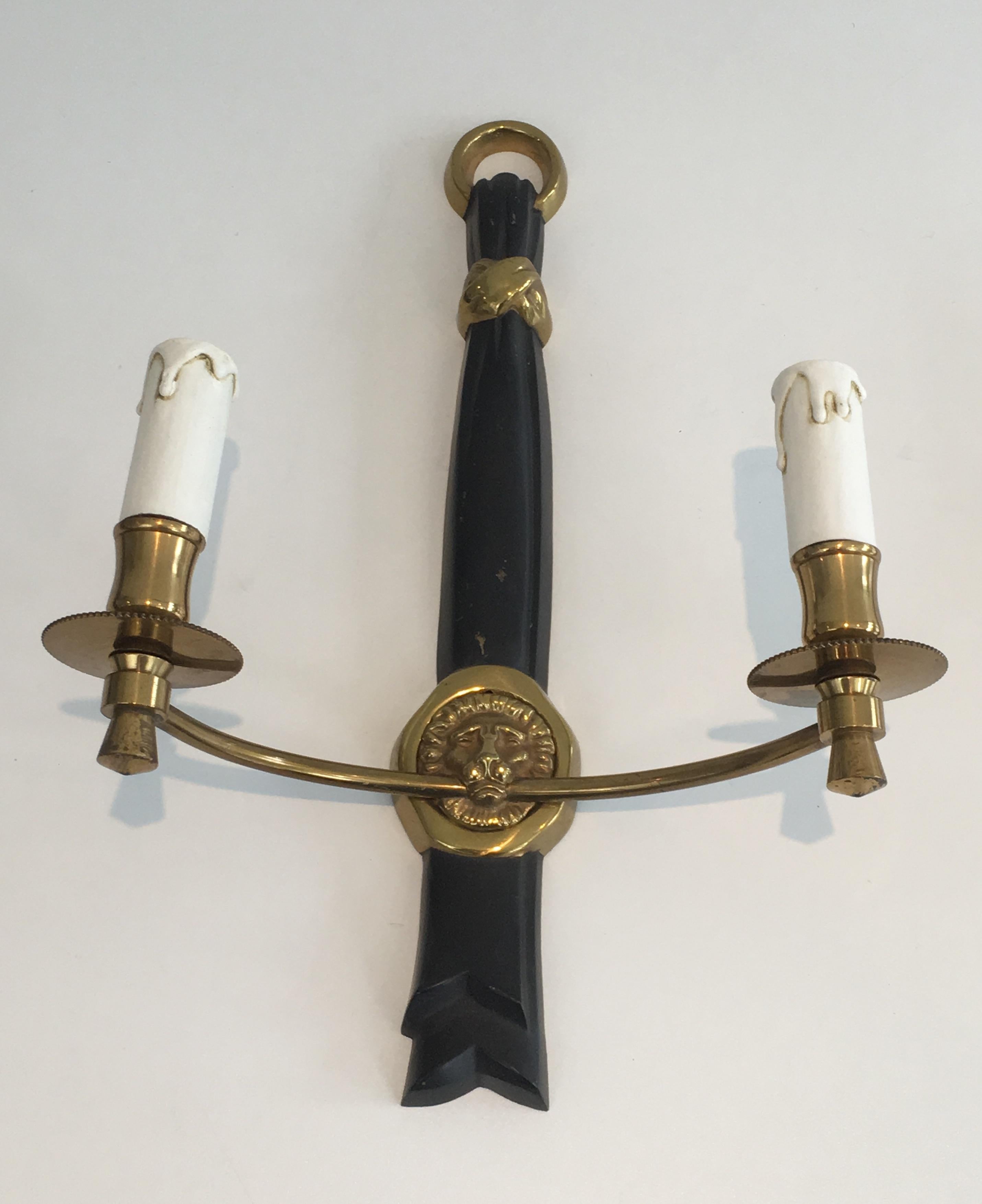 Pair of Bronze and Black Lacquered Sconces with Lion Heads, French, circa 1970 3