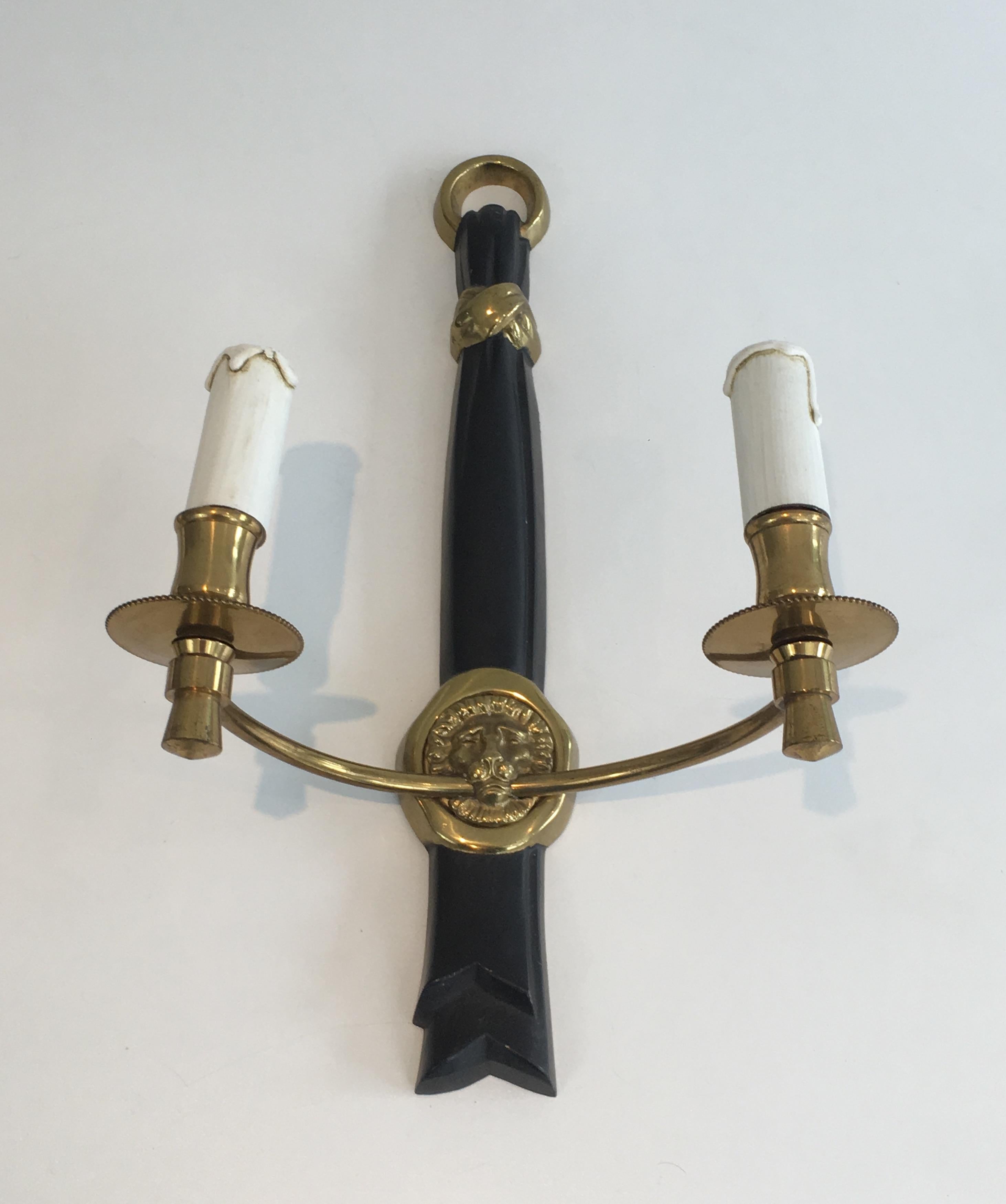 Neoclassical Pair of Bronze and Black Lacquered Sconces with Lion Heads, French, circa 1970