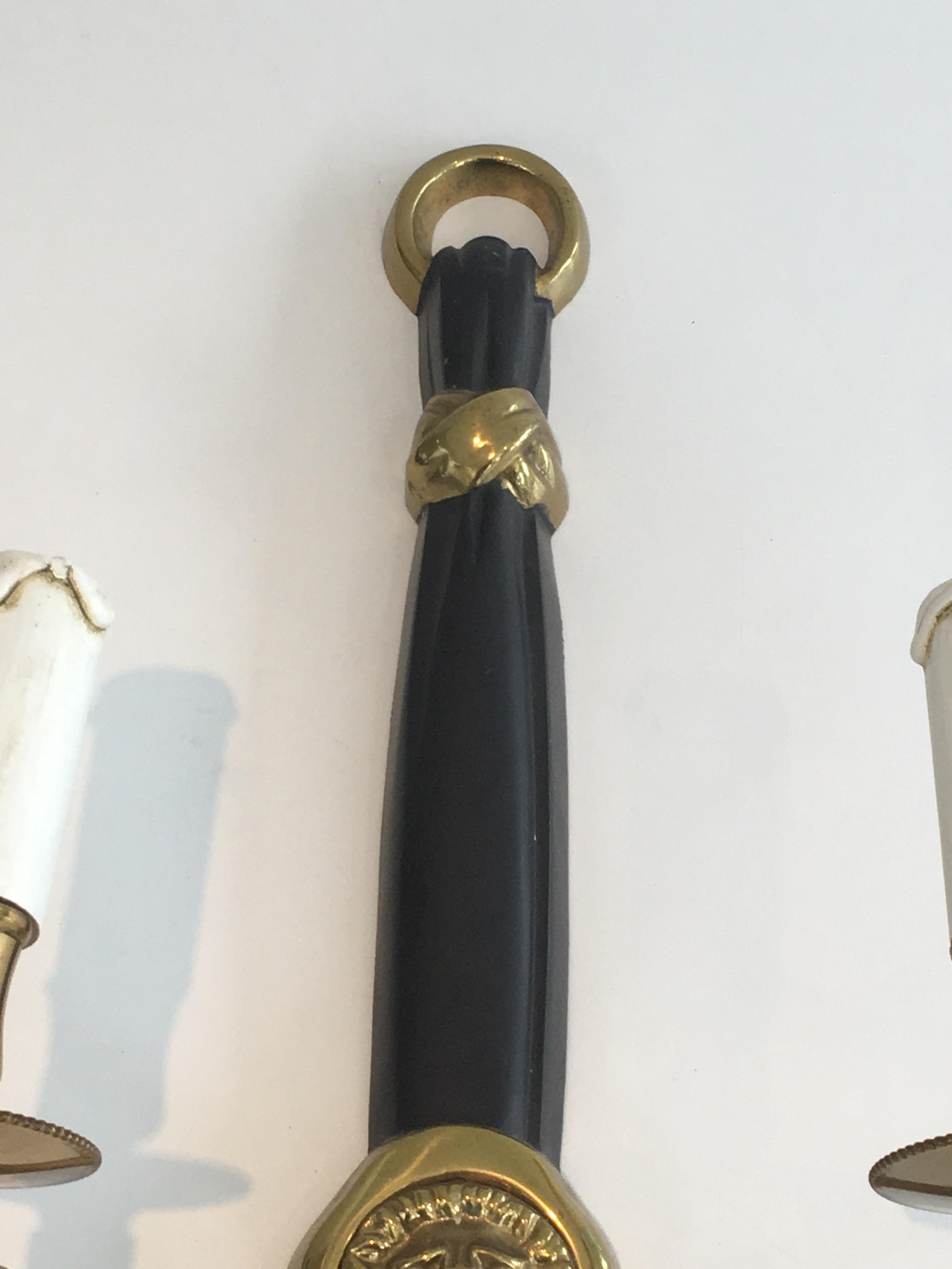 Late 20th Century Pair of Bronze and Black Lacquered Sconces with Lion Heads, French, circa 1970