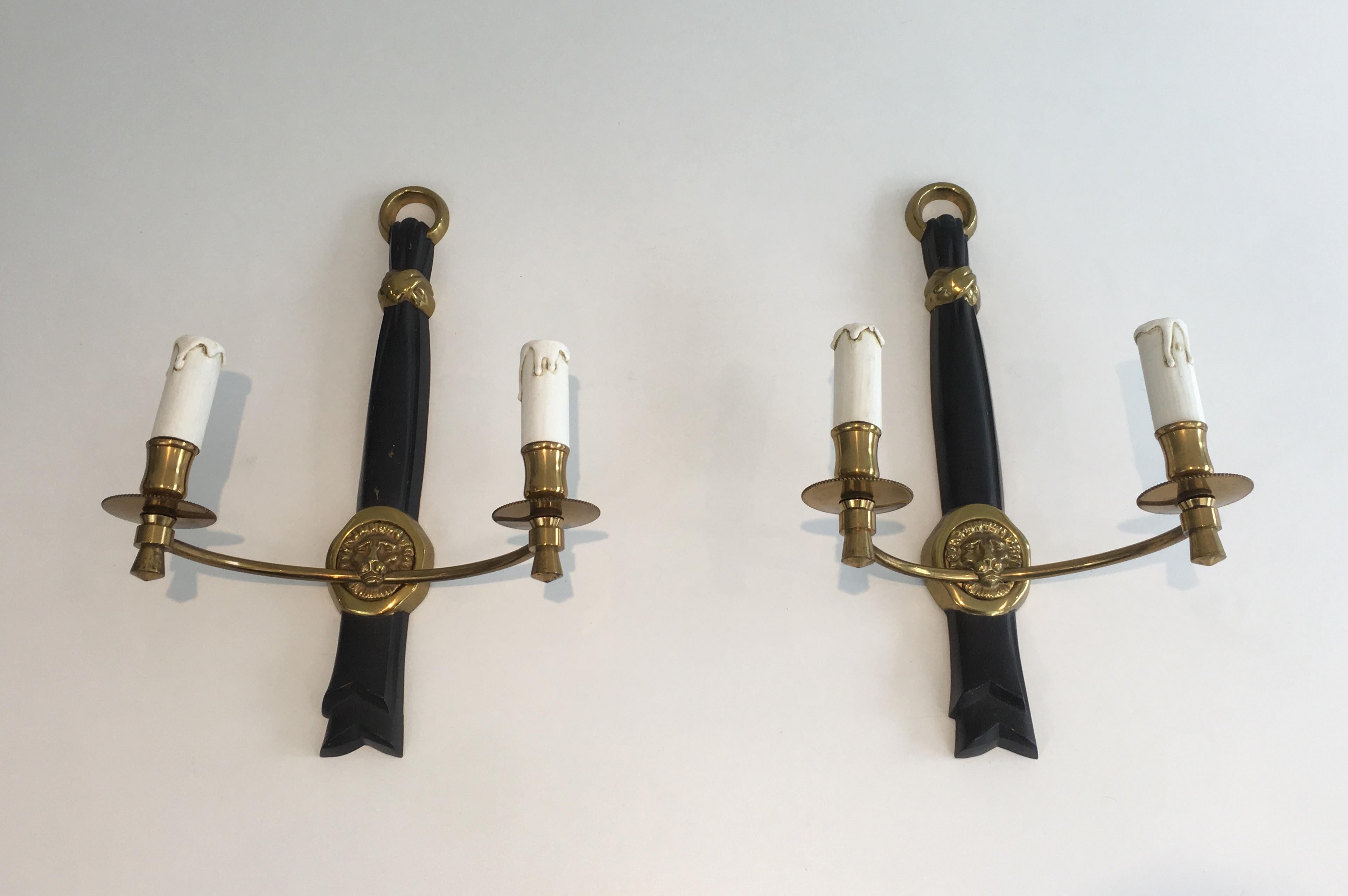 Pair of Bronze and Black Lacquered Sconces with Lion Heads, French, circa 1970 2