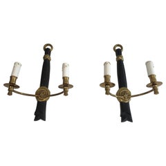 Pair of Bronze and Black Lacquered Sconces with Lion Heads, French, circa 1970