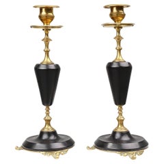 Pair of bronze and black stone candlesticks in Empire style, France ca. 1870