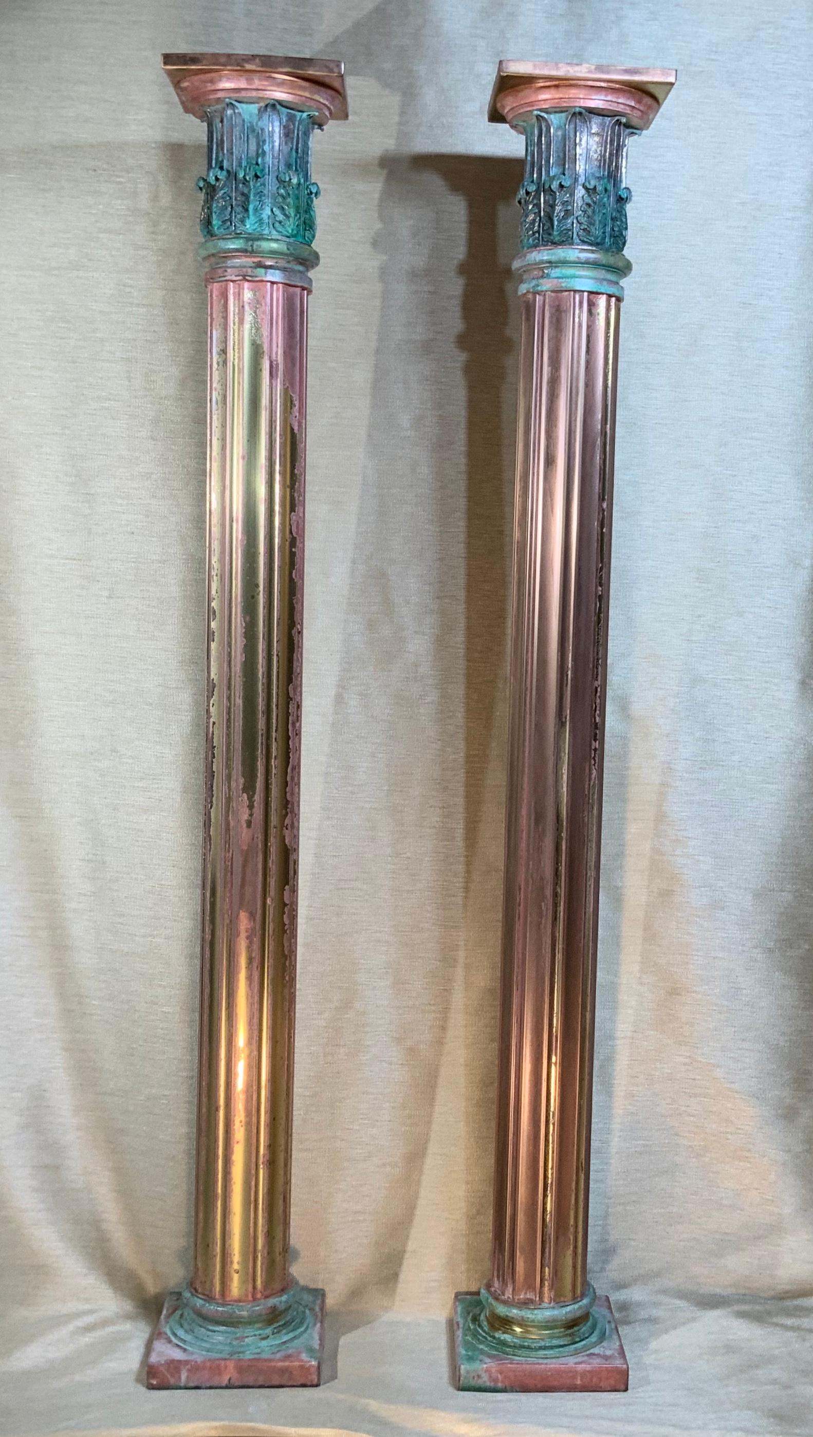 Steel Pair of Bronze and Brass Neoclassical Style Columns For Sale