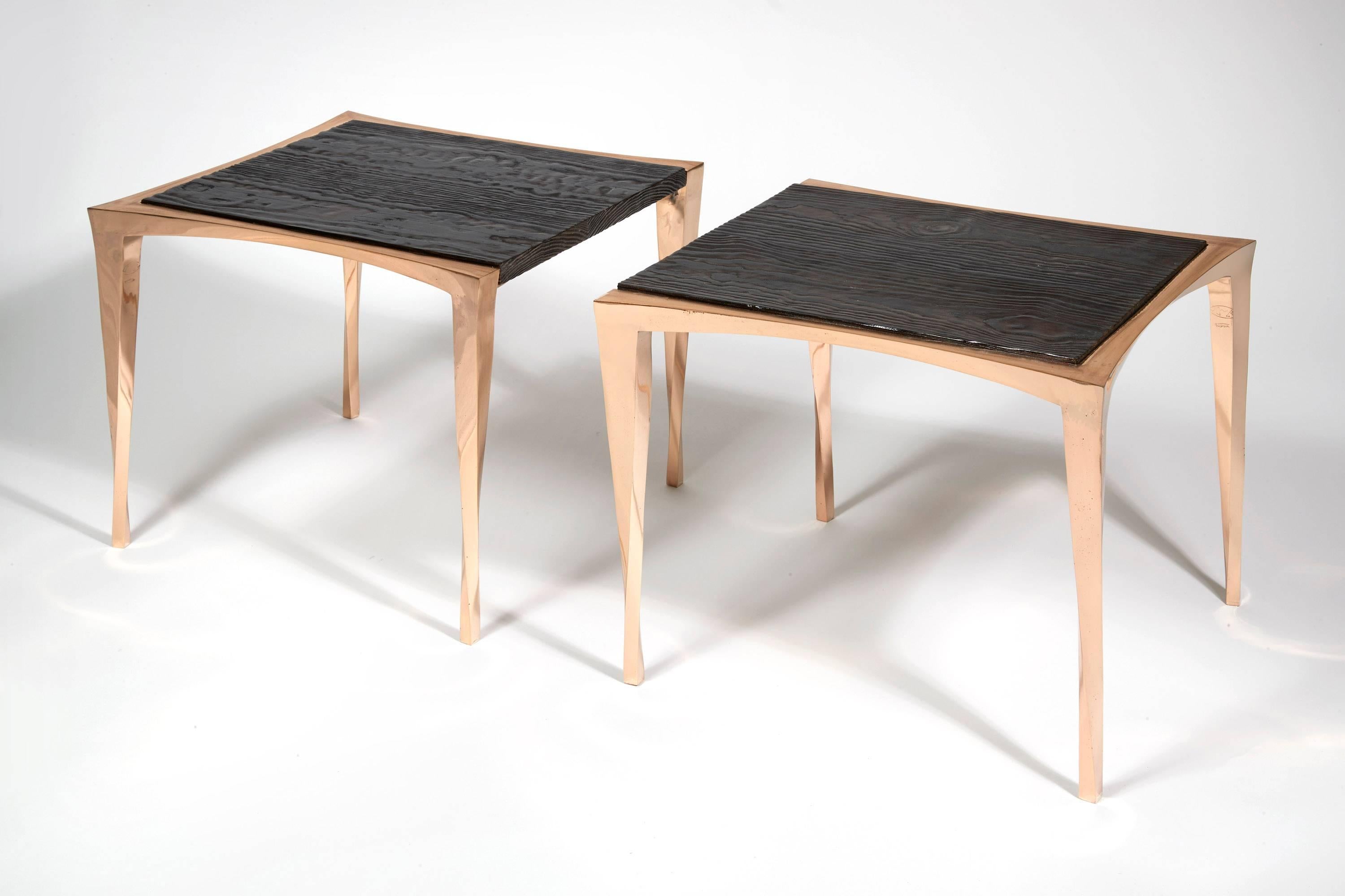 French Pair of Bronze and Burnt Pinewood Side Tables by Anasthasia Millot & WH Studio For Sale