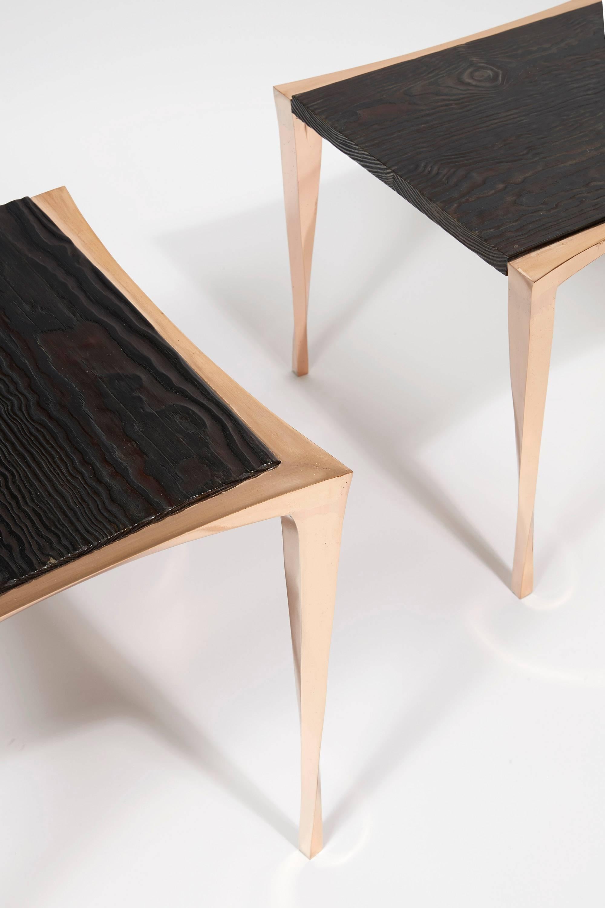 Contemporary Pair of Bronze and Burnt Pinewood Side Tables by Anasthasia Millot & WH Studio For Sale