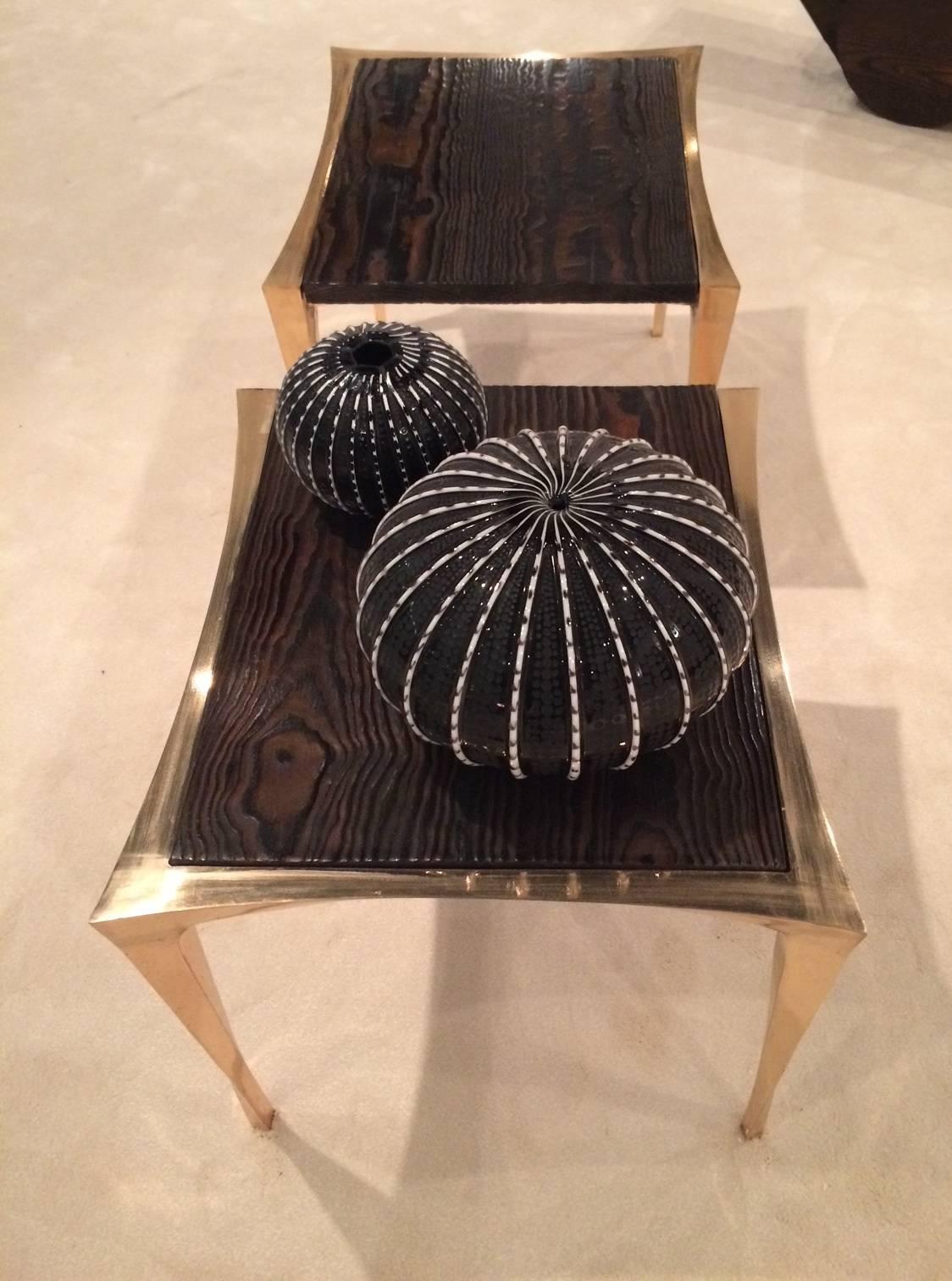 Pair of Bronze and Burnt Pinewood Side Tables by Anasthasia Millot & WH Studio For Sale 2