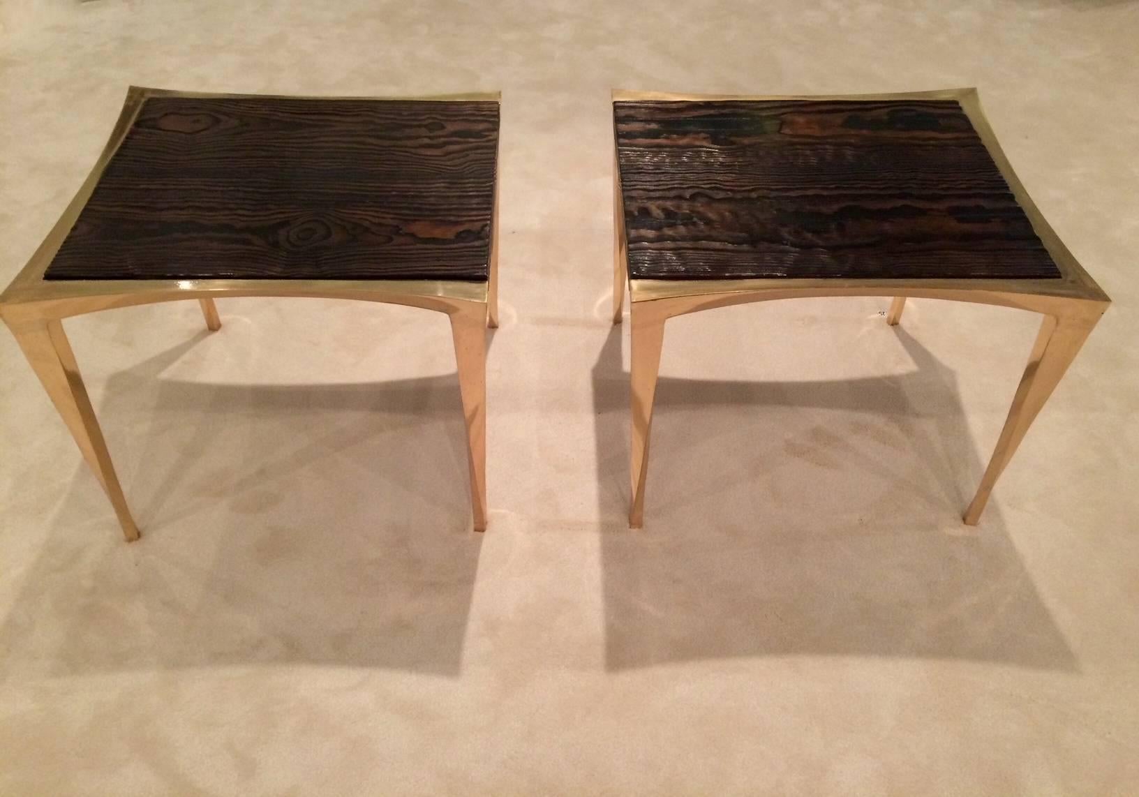 Pair of Bronze and Burnt Pinewood Side Tables by Anasthasia Millot & WH Studio For Sale 3