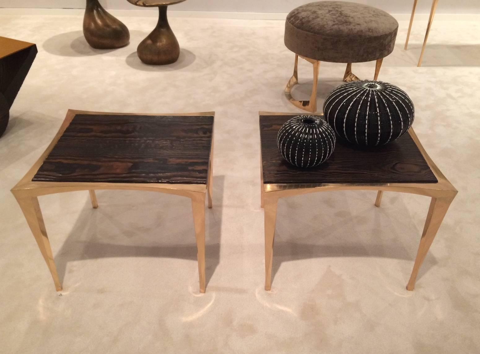 Pair of Bronze and Burnt Pinewood Side Tables by Anasthasia Millot & WH Studio For Sale 4