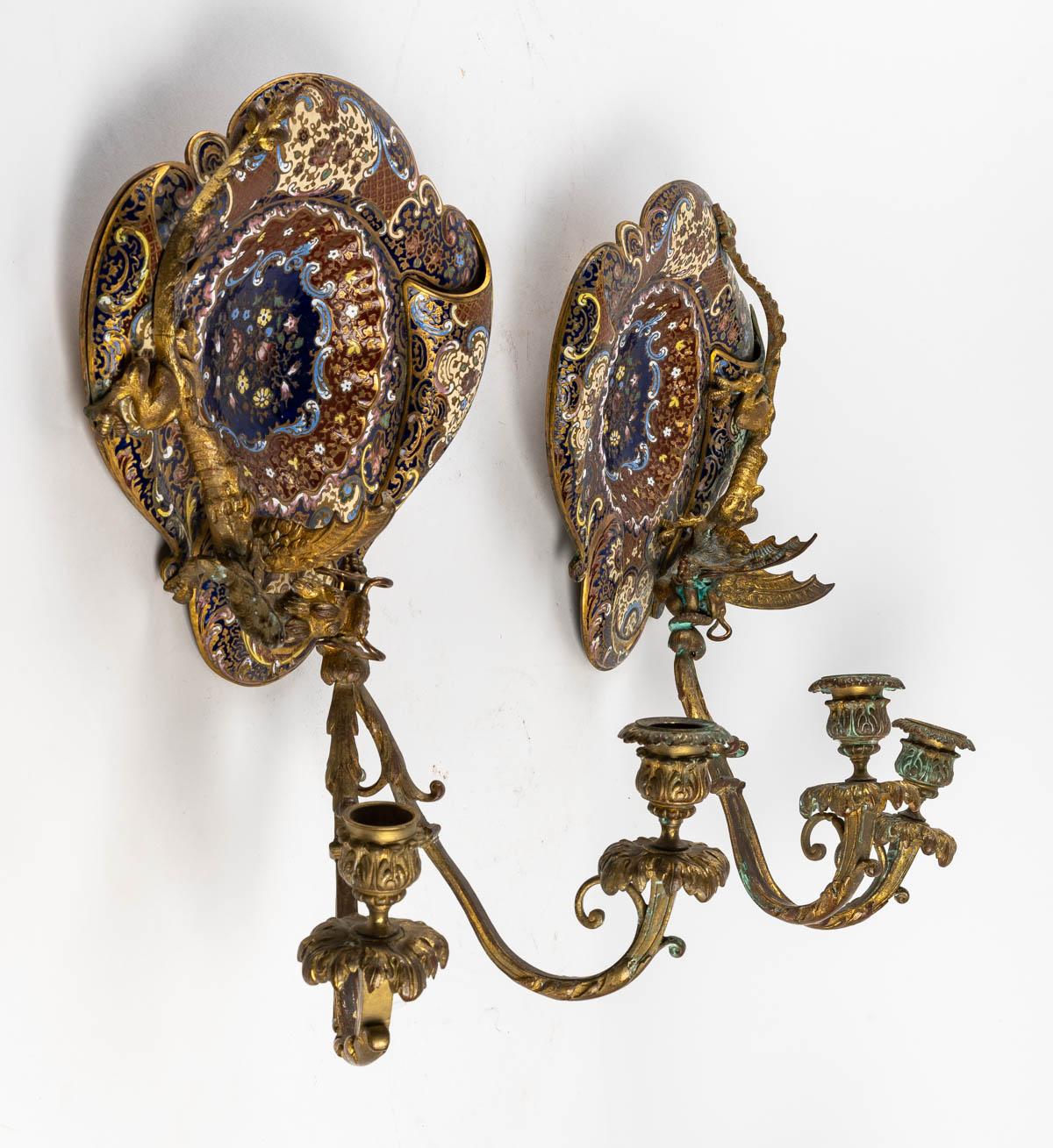 Late 19th Century Pair of Bronze and Cloisonné Enamelled Sconces