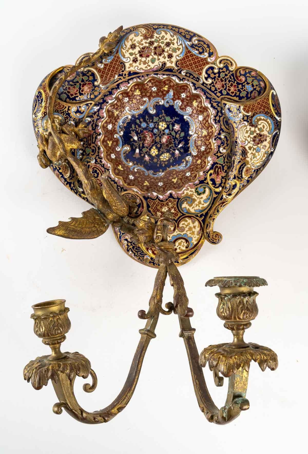 Pair of Bronze and Cloisonné Enamelled Sconces 1