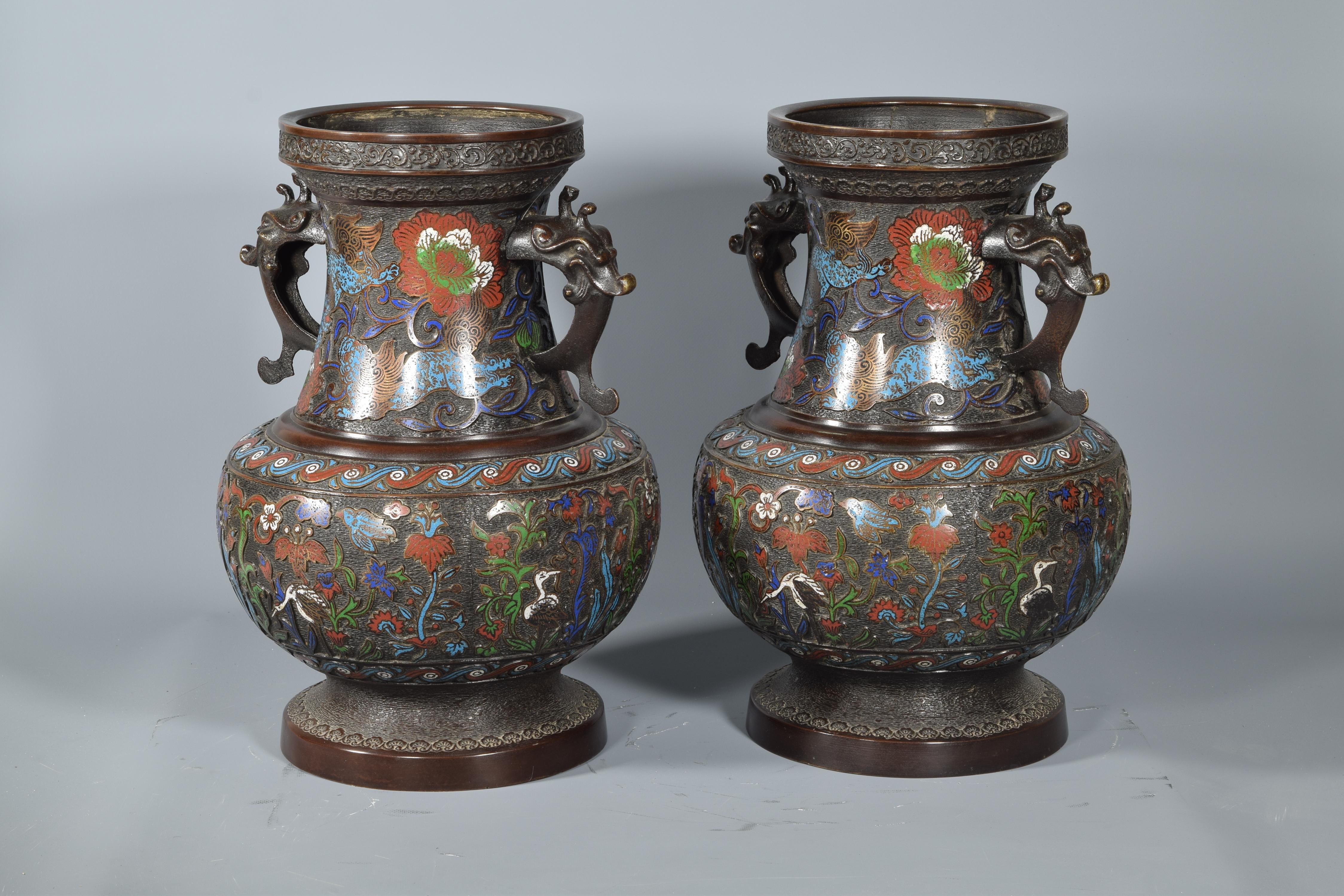 Pair of Bronze and Cloisonné Vases, Possibly Japan, 19th Century 2