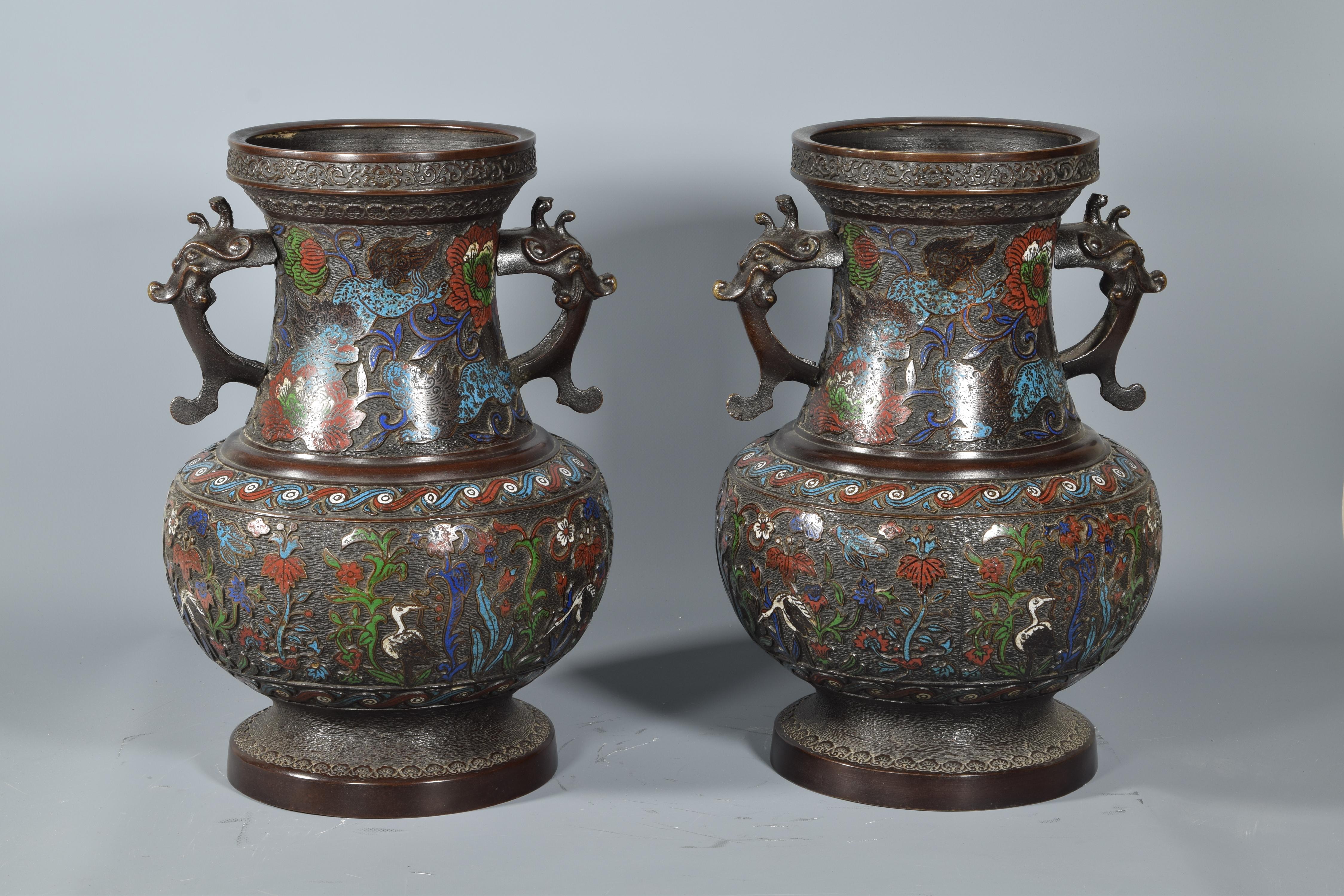 Pair of Bronze and Cloisonné Vases, Possibly Japan, 19th Century 3