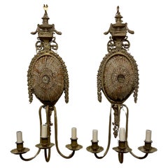Pair of Bronze And Crystal Beaded Basket Three Arm Sconces
