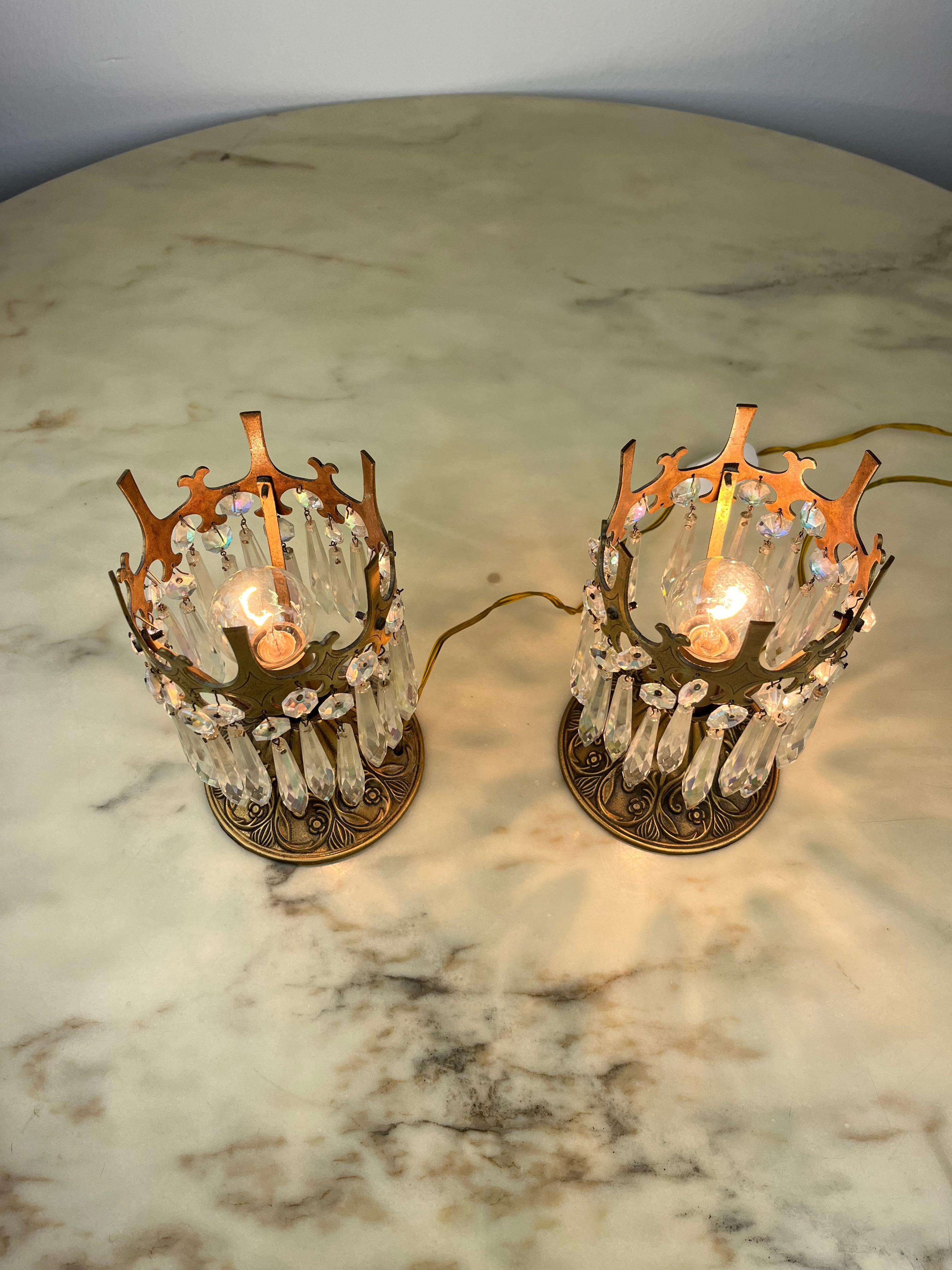 Pair of bronze and crystal bedside lamps, Italy, 1960s.
Belonged to my great-grandparents, they are functional. Signs of time and use.