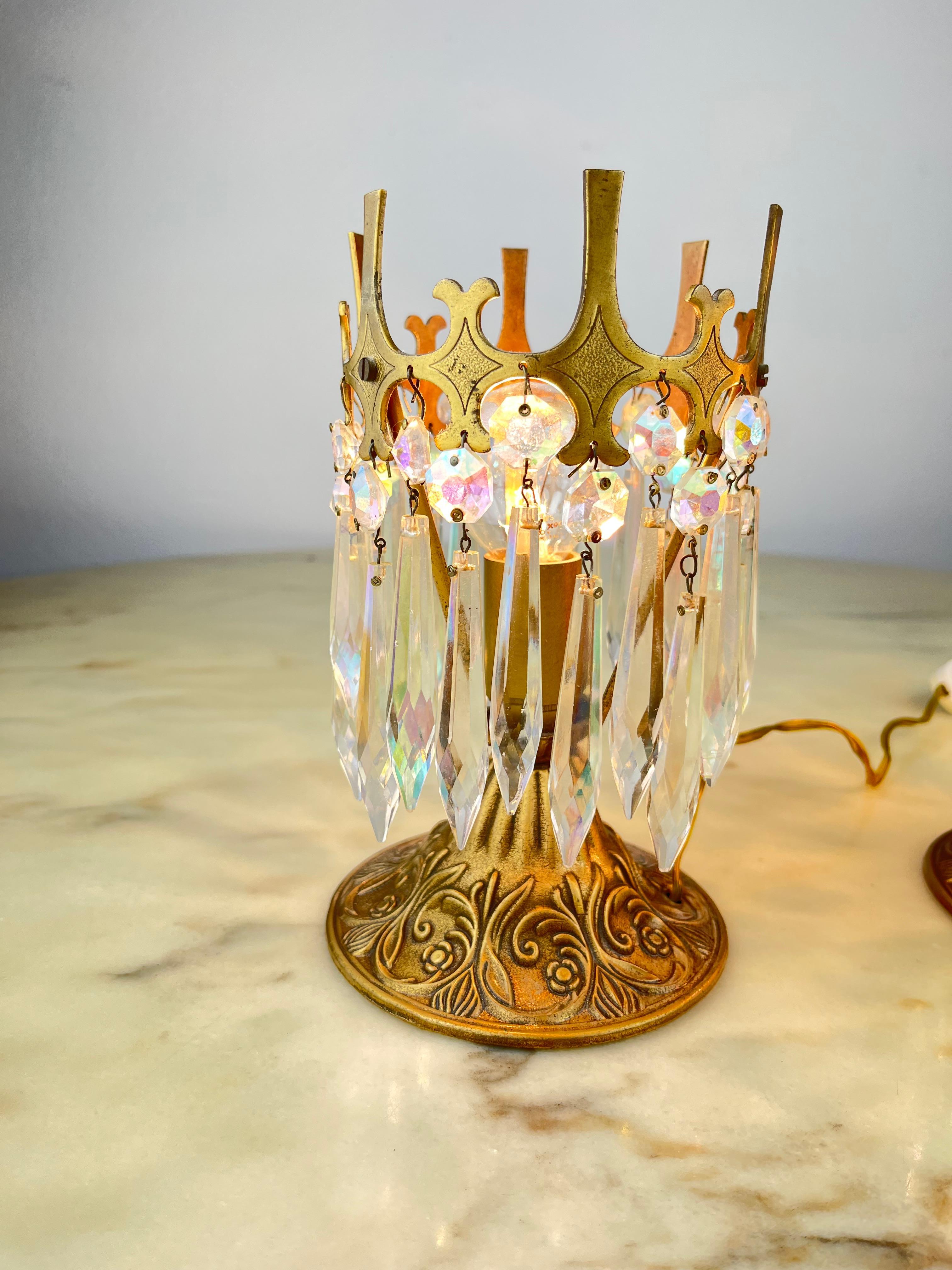 Italian Pair of Bronze and Crystal Bedside Lamps, Italy, 1960s