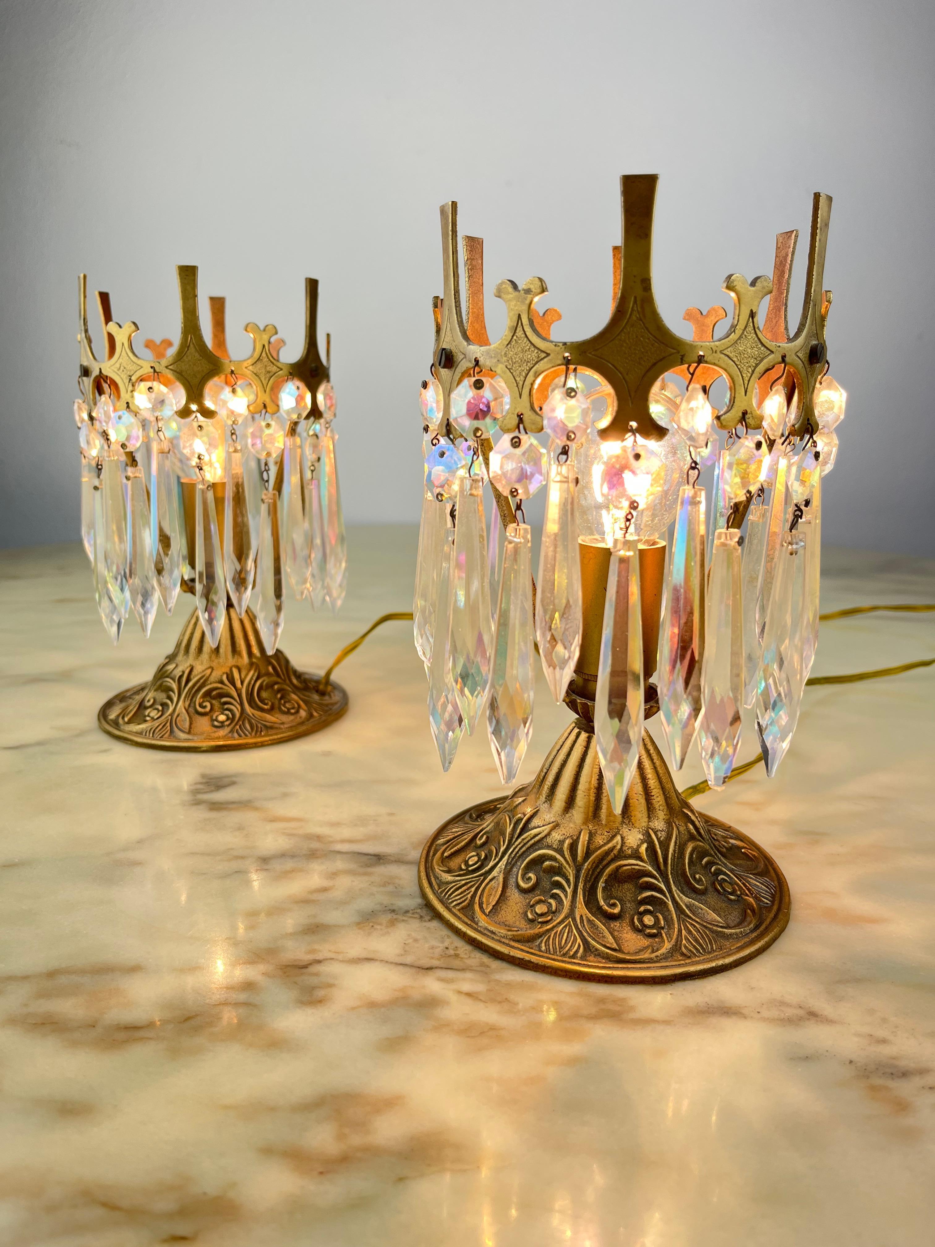 Other Pair of Bronze and Crystal Bedside Lamps, Italy, 1960s