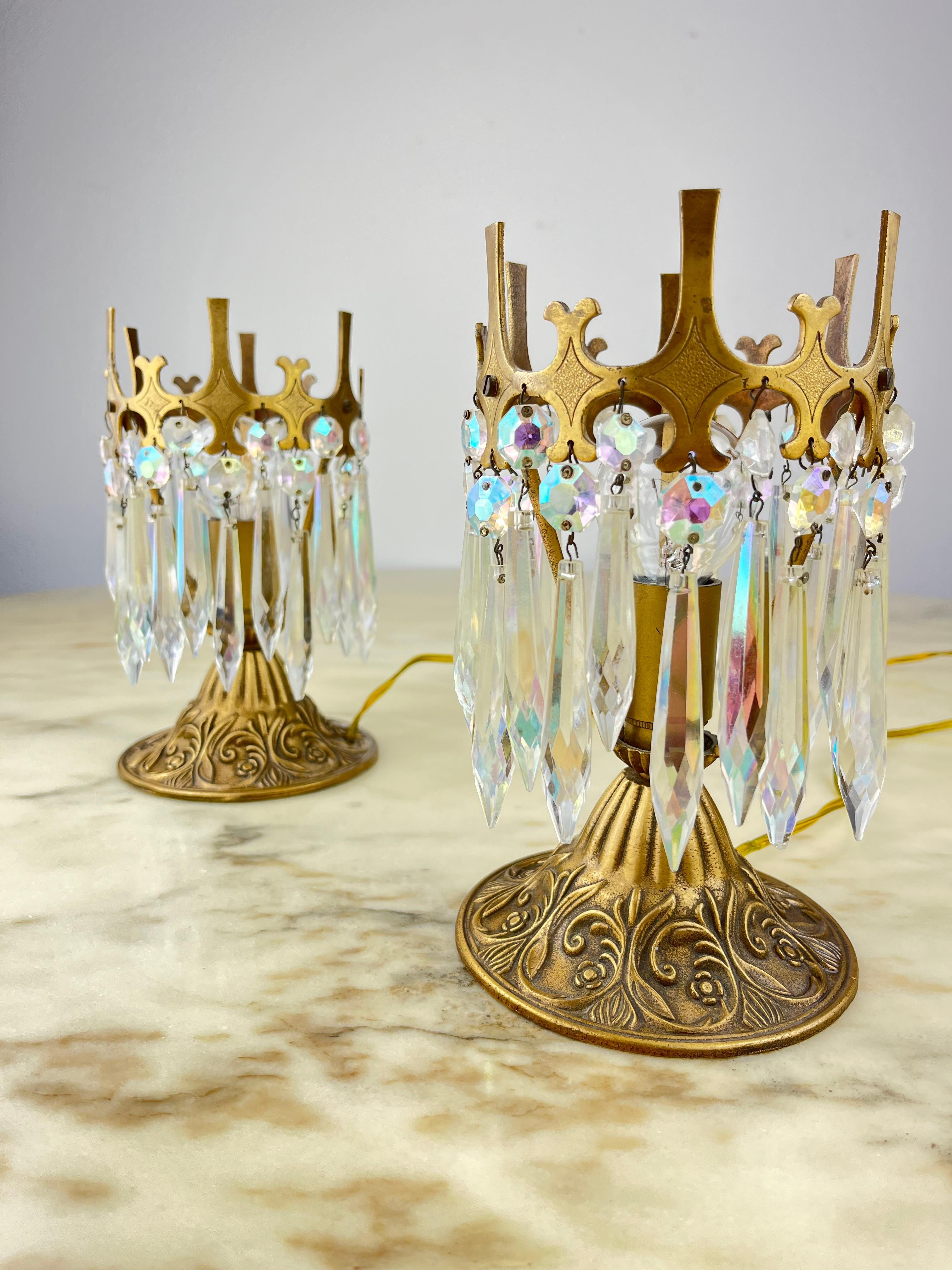 Pair of Bronze and Crystal Bedside Lamps, Italy, 1960s In Good Condition In Palermo, IT