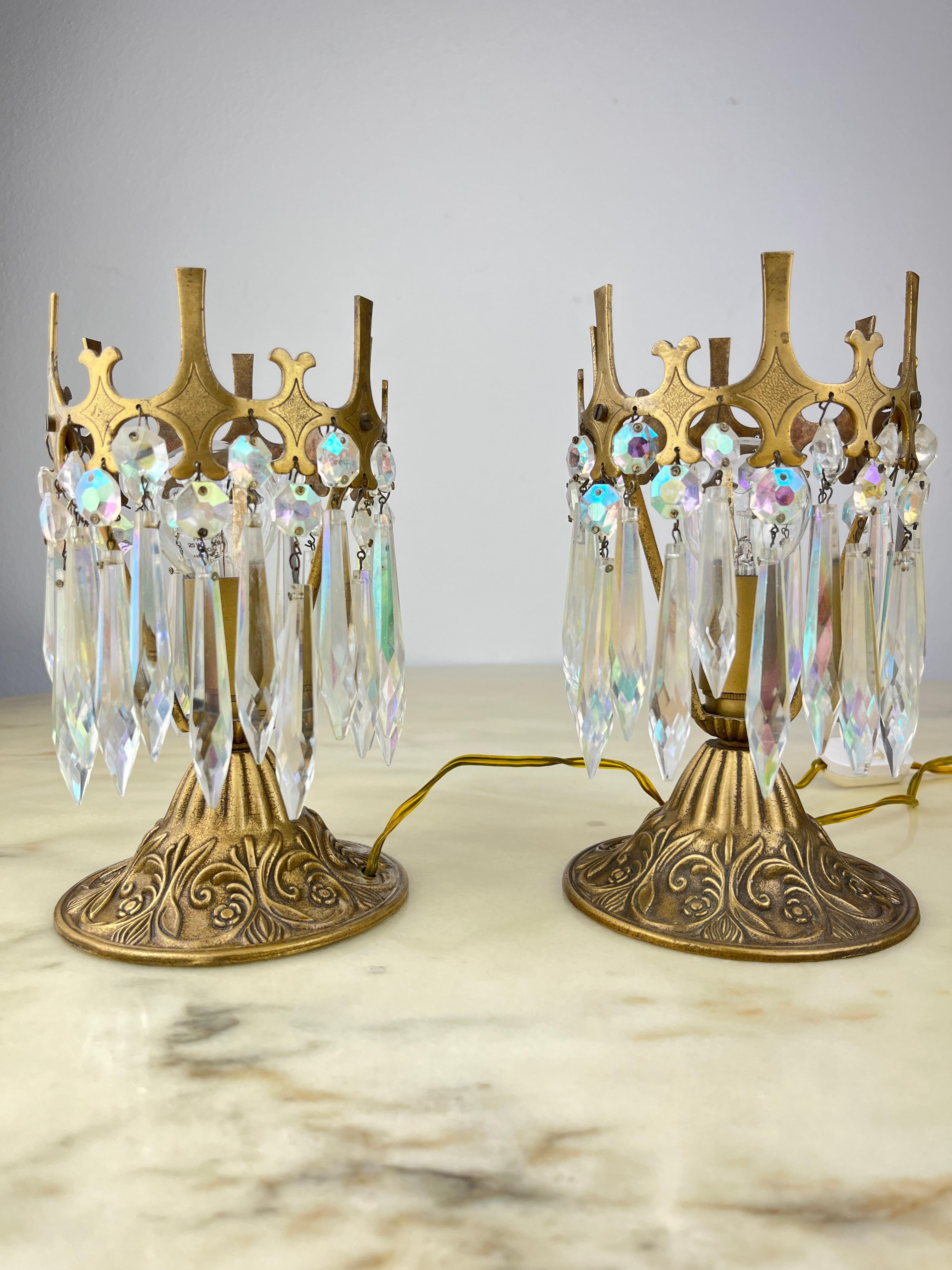 Mid-20th Century Pair of Bronze and Crystal Bedside Lamps, Italy, 1960s
