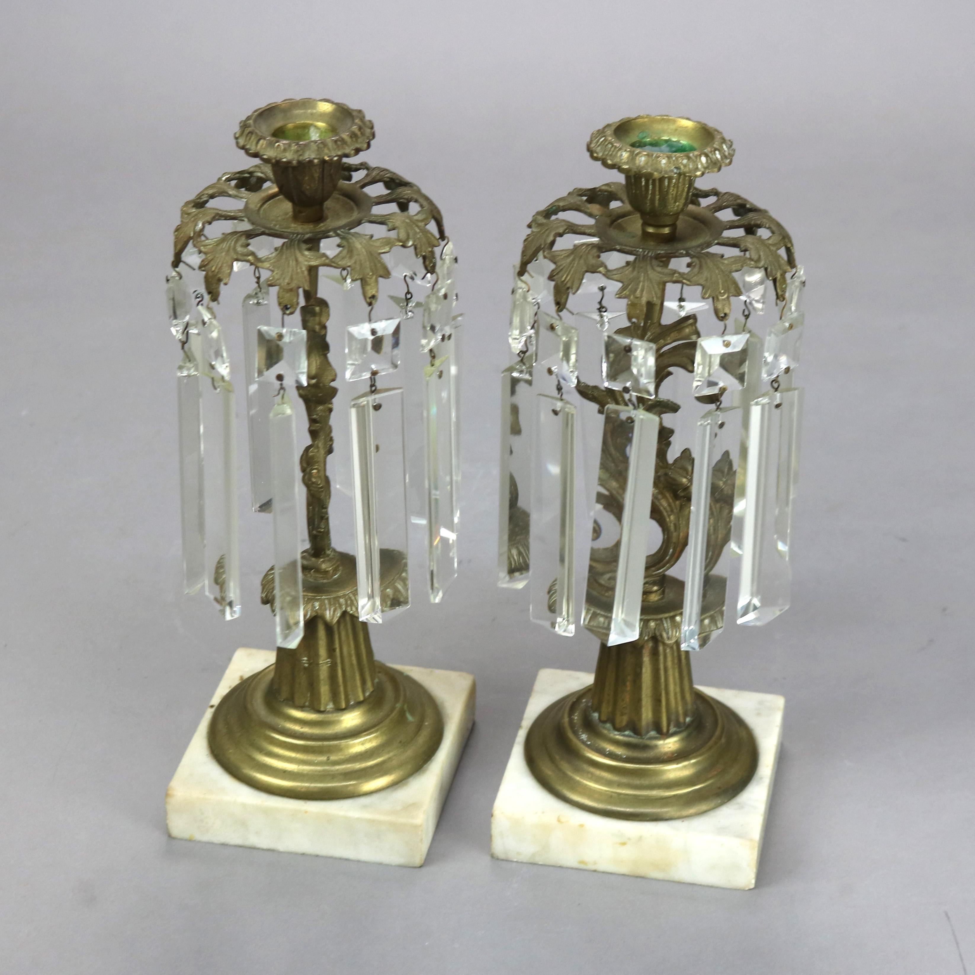 Coppia di portacandele in bronzo e cristallo con base in marmo C1890 In condizioni buone in vendita a Big Flats, NY