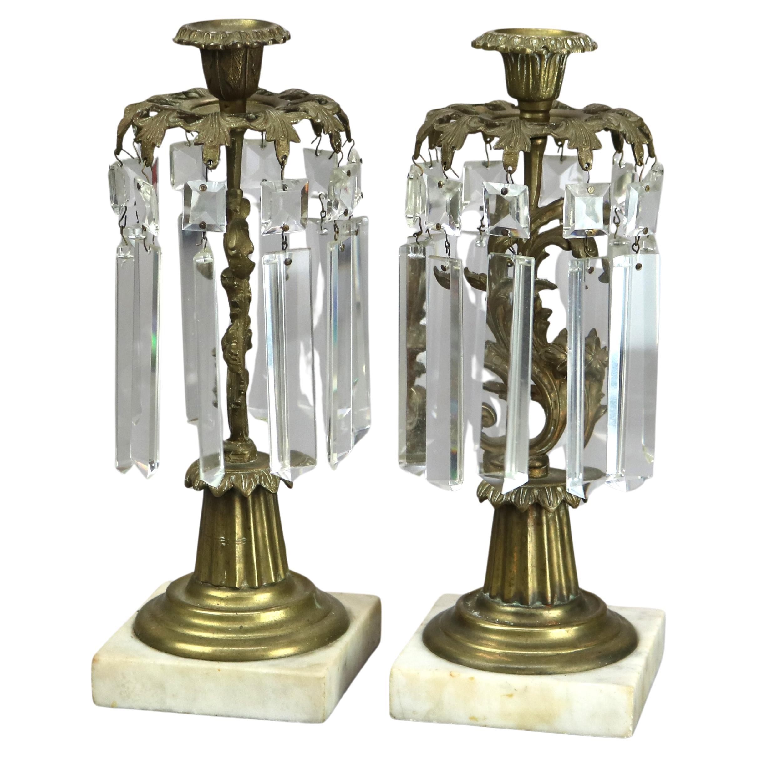 Coppia di portacandele in bronzo e cristallo con base in marmo C1890 in vendita