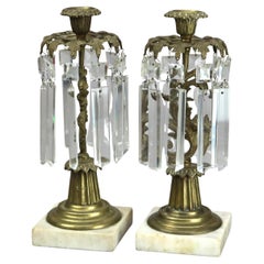 Antique Pair of Bronze and Crystal Candle Holders with Marble Base C1890