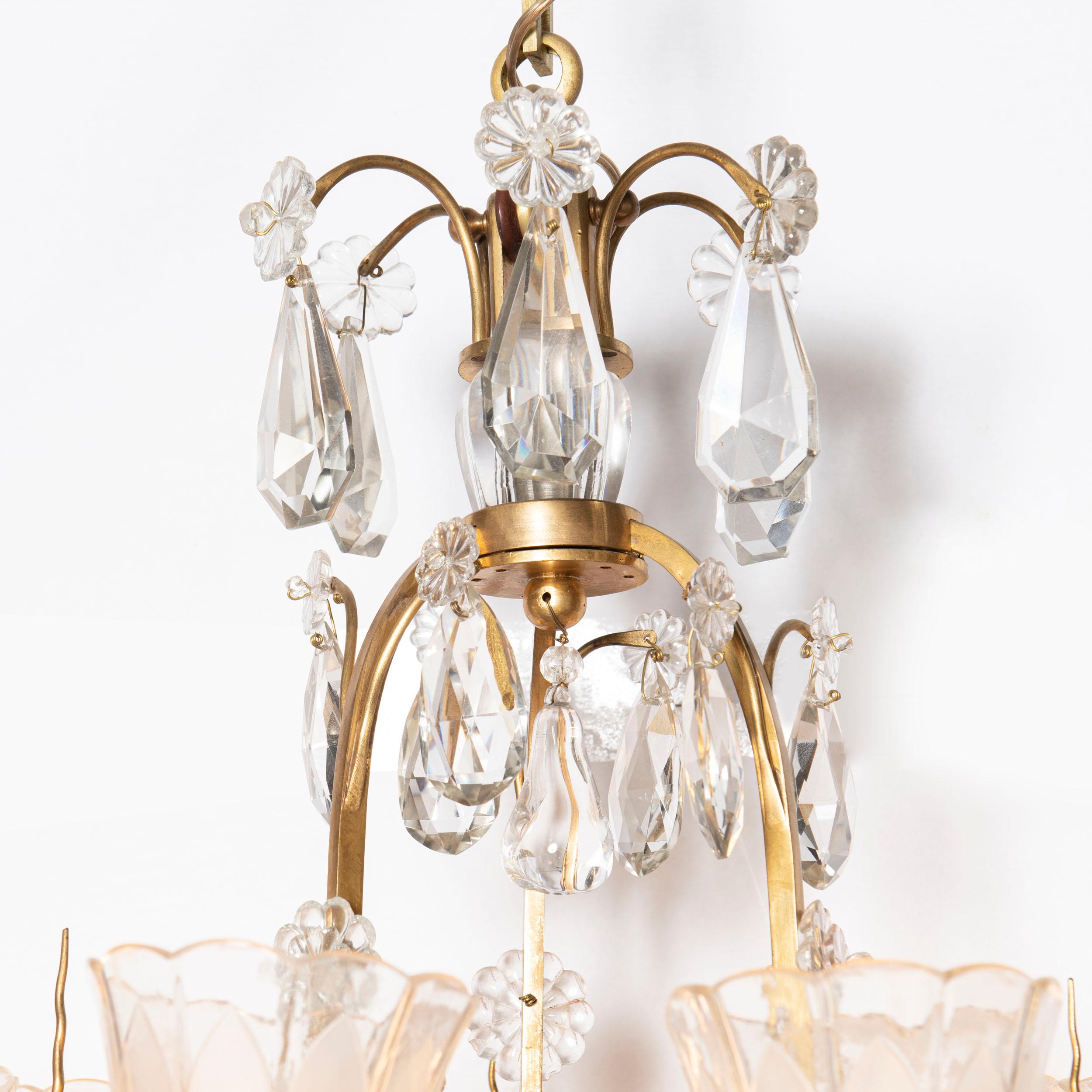French Pair of bronze and crystal chandeliers. France, circa 1940. For Sale