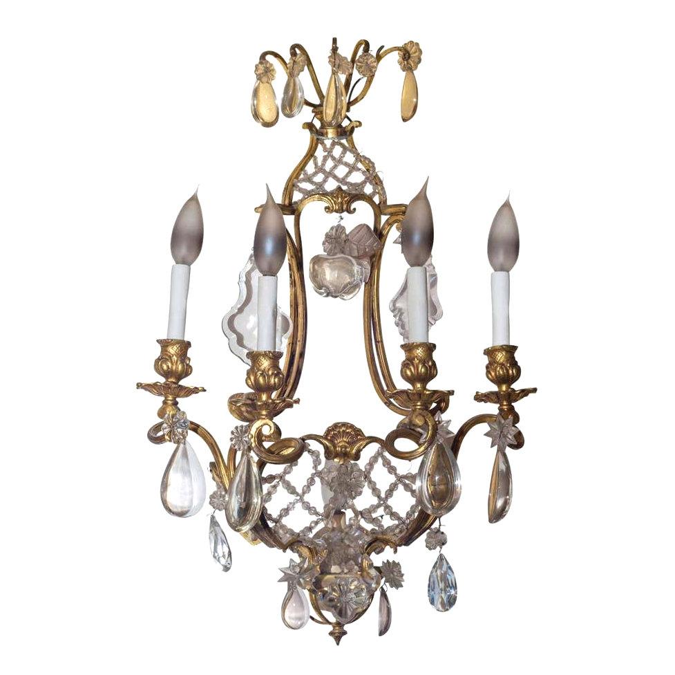 French Pair of Bronze and Crystal Four-Arm Basket Form Wall Light Sconces For Sale