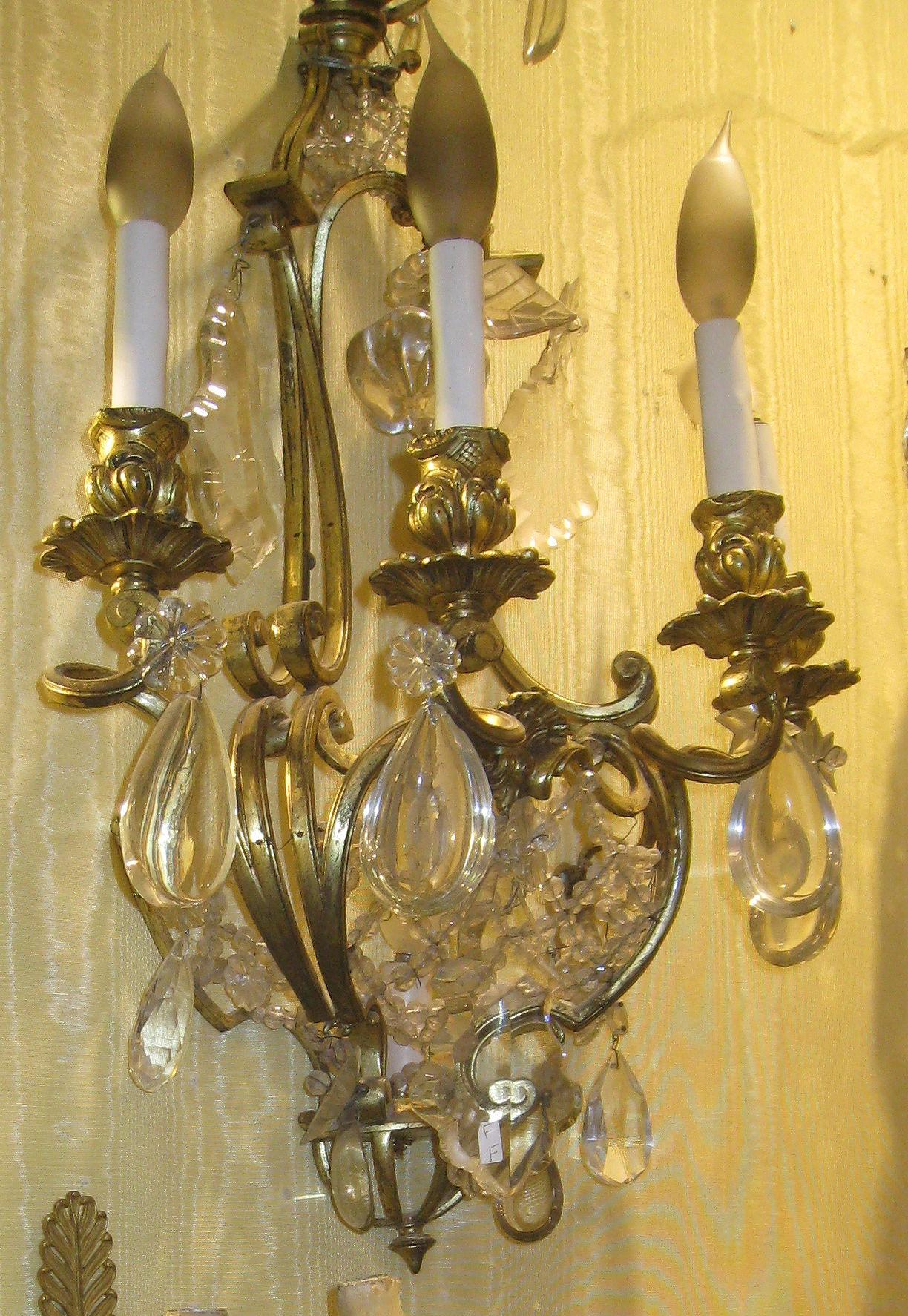 Gilt Pair of Bronze and Crystal Four-Arm Basket Form Wall Light Sconces For Sale