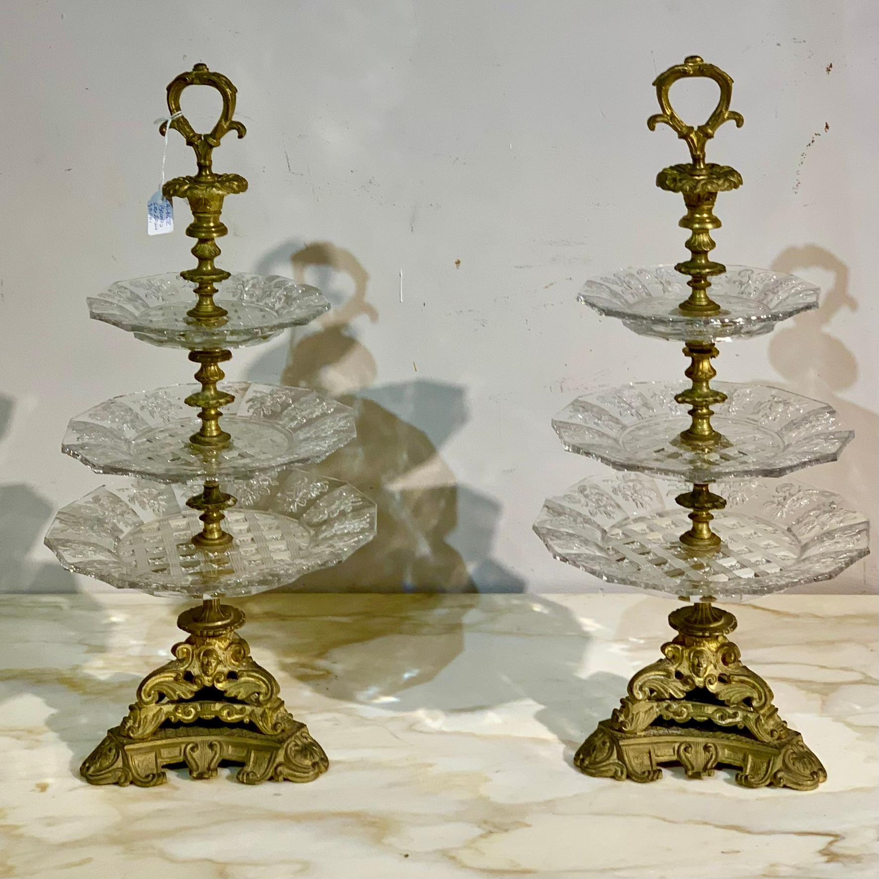 Italian Charles X, Pair of Bronze and Crystal Fruit Risers
