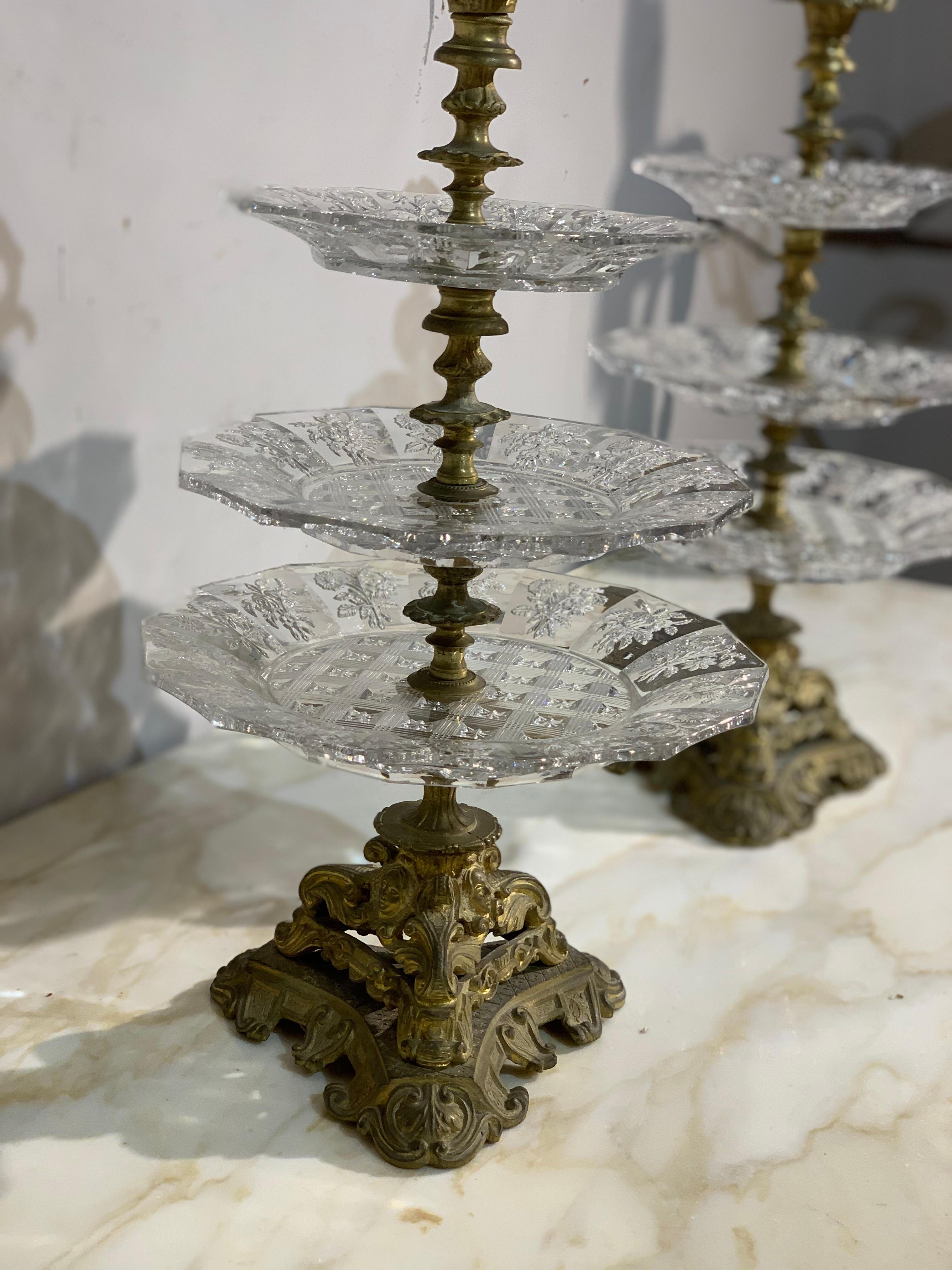 Charles X, Pair of Bronze and Crystal Fruit Risers In Good Condition In Firenze, FI