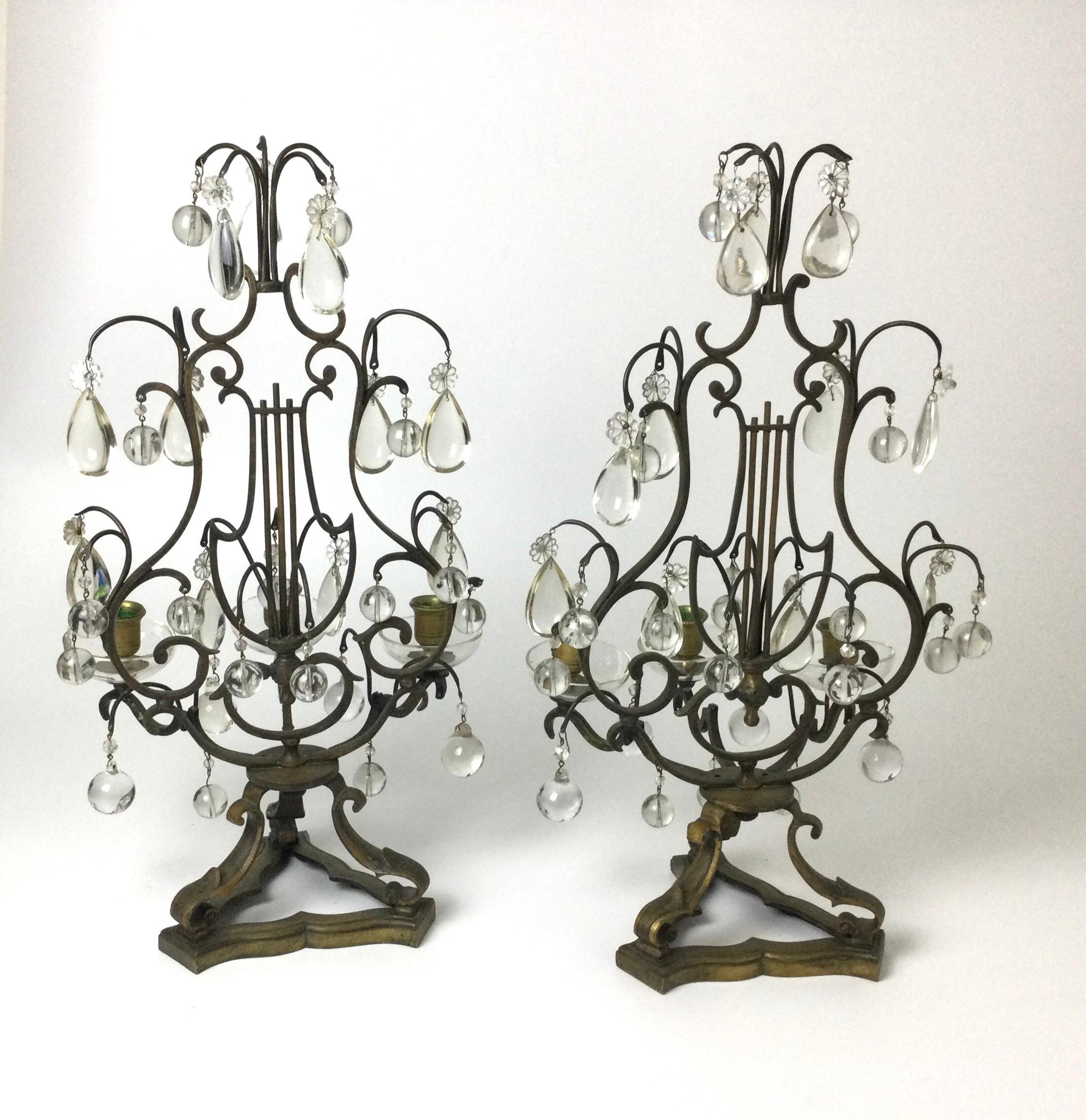 Unknown Pair of Bronze and Crystal Lyre Candelabras For Sale