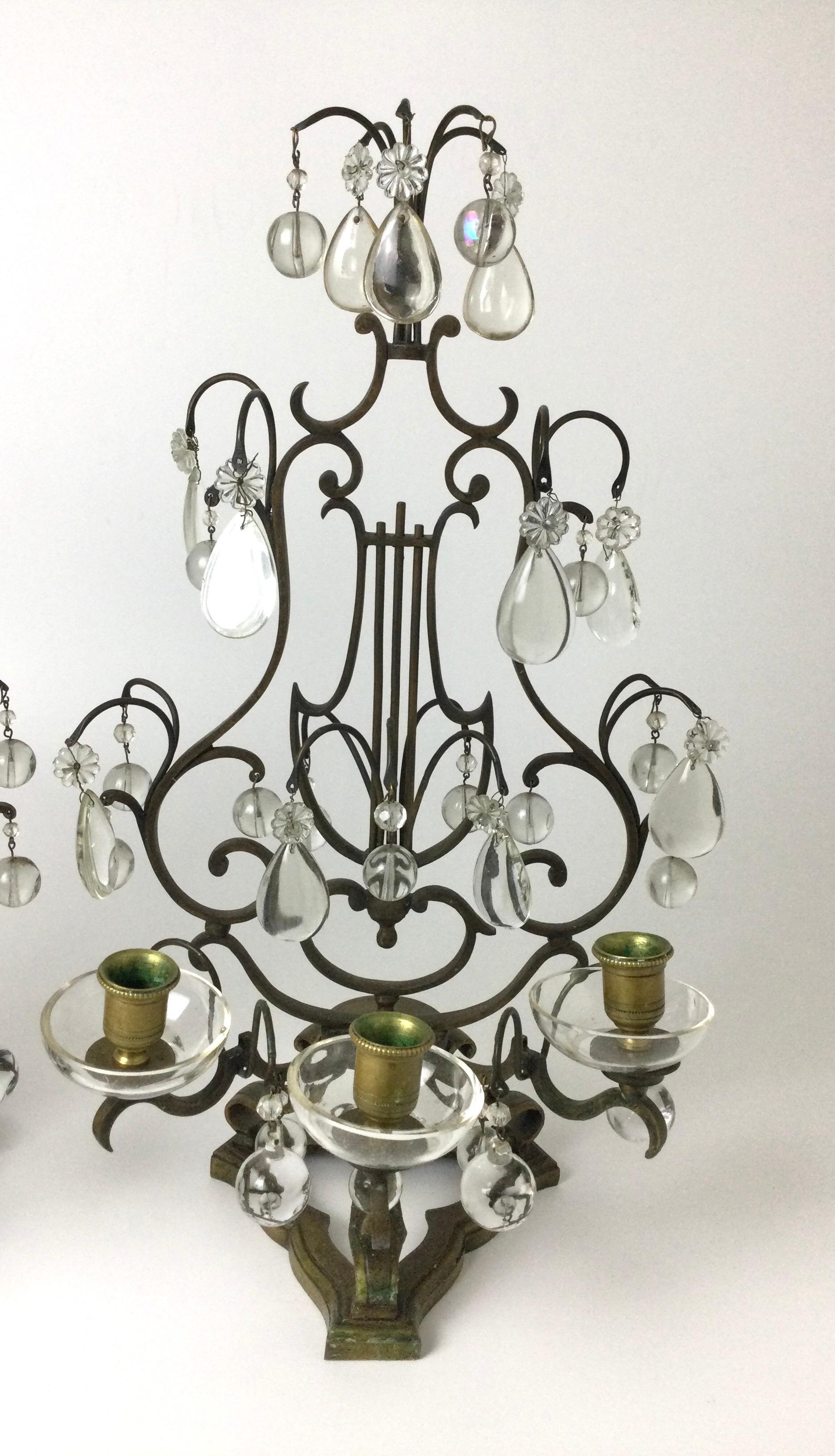 Pair of Bronze and Crystal Lyre Candelabras In Good Condition For Sale In Lambertville, NJ