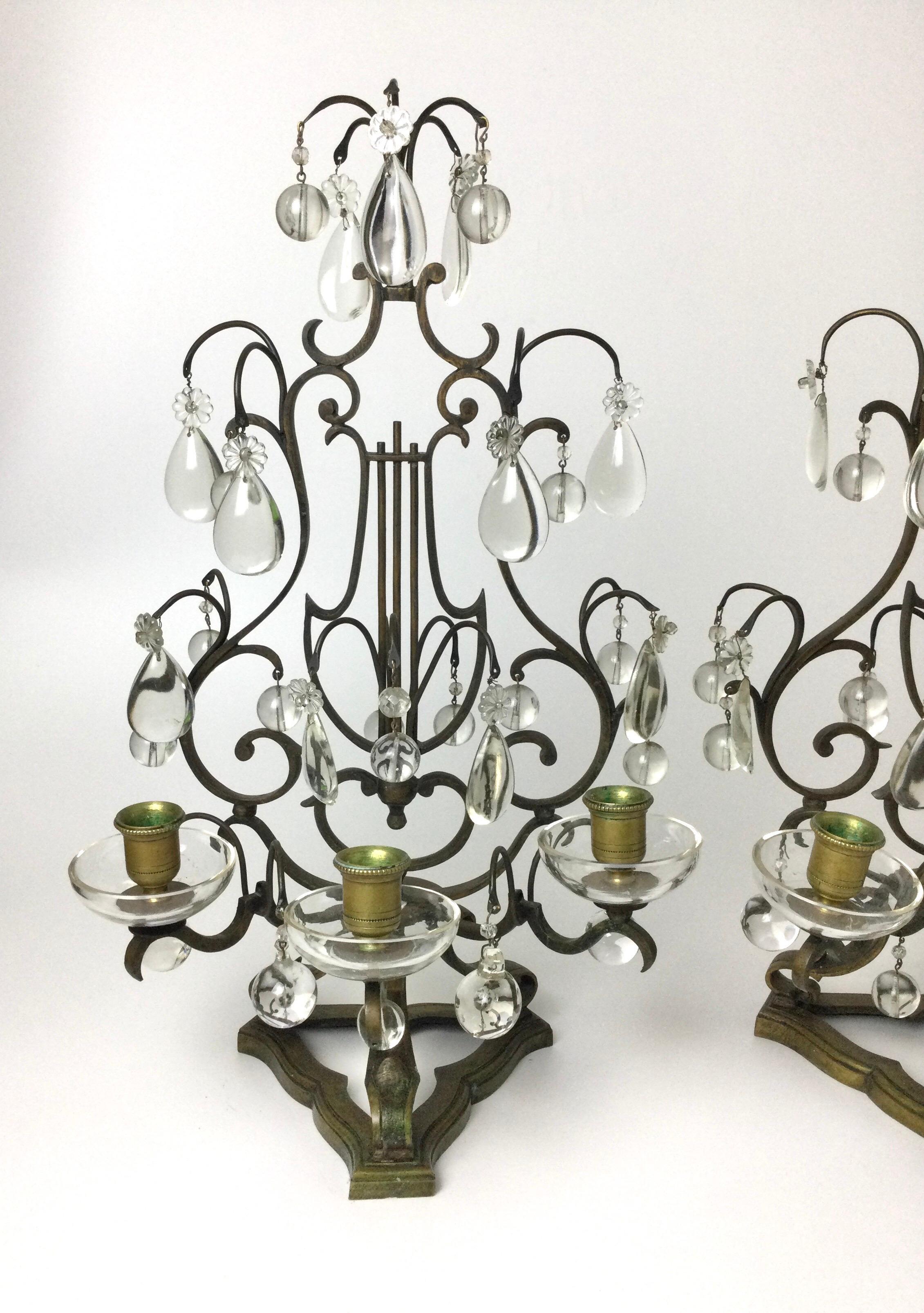 20th Century Pair of Bronze and Crystal Lyre Candelabras For Sale