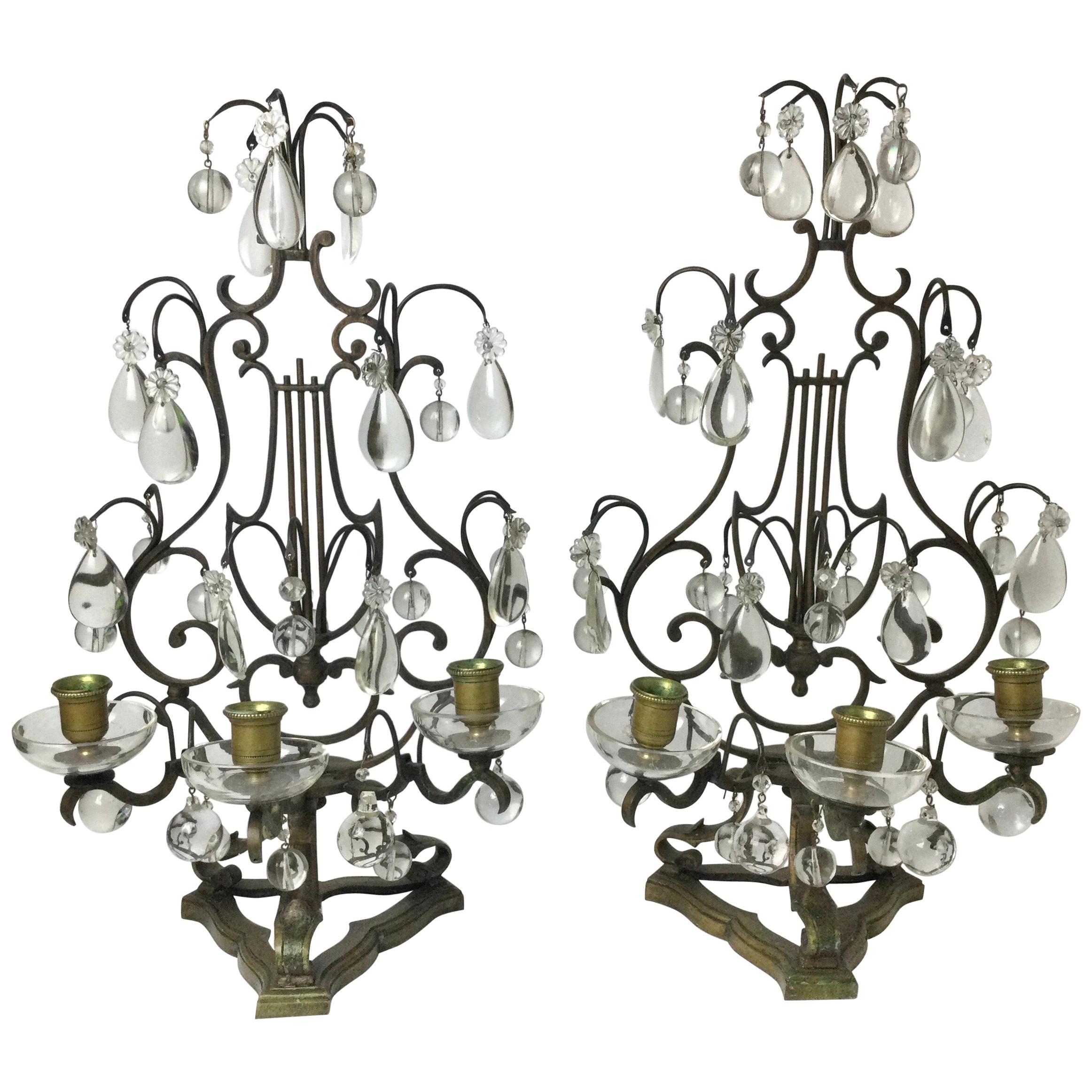 Pair of Bronze and Crystal Lyre Candelabras