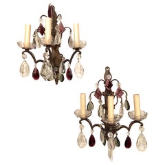 Antique Pair of Bronze and Crystal Sconces