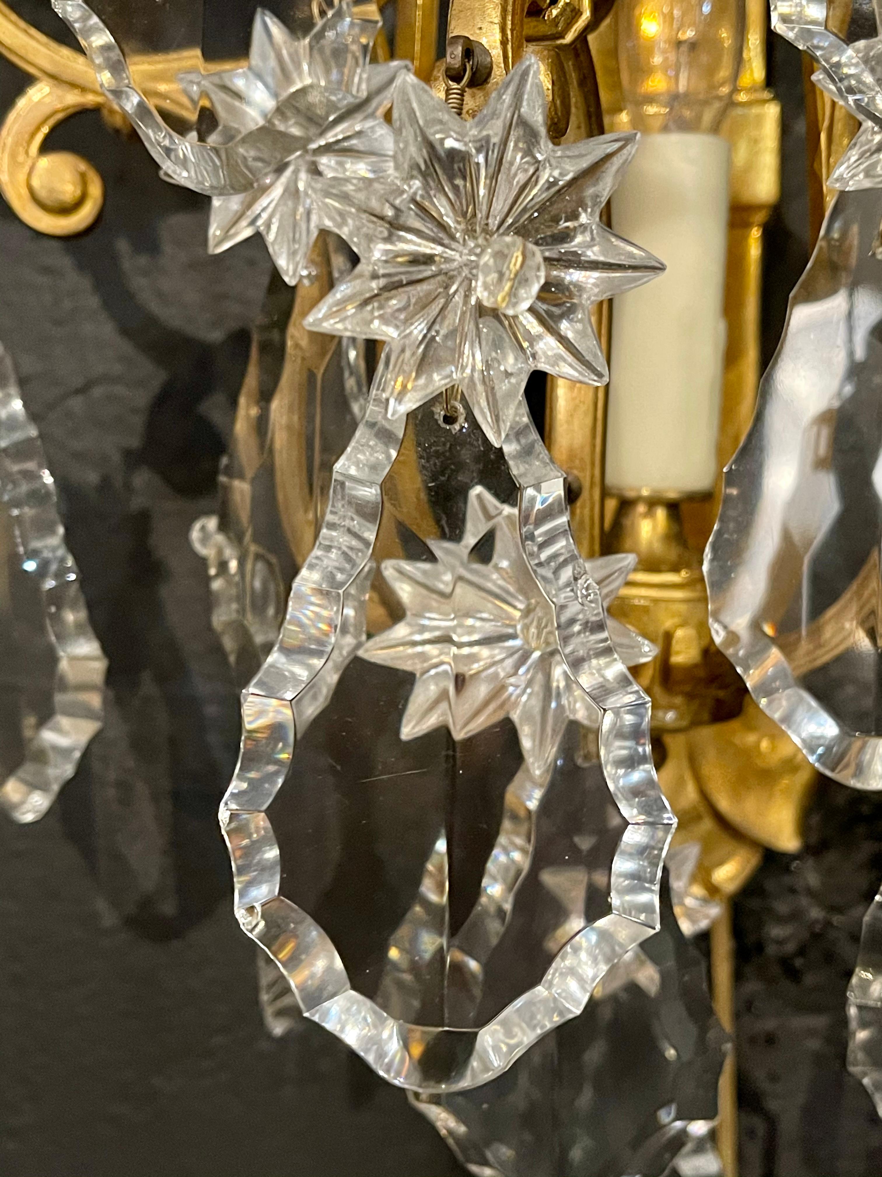 Louis XV Pair of Bronze and Crystal Wall Sconces or Lights, 3-Light