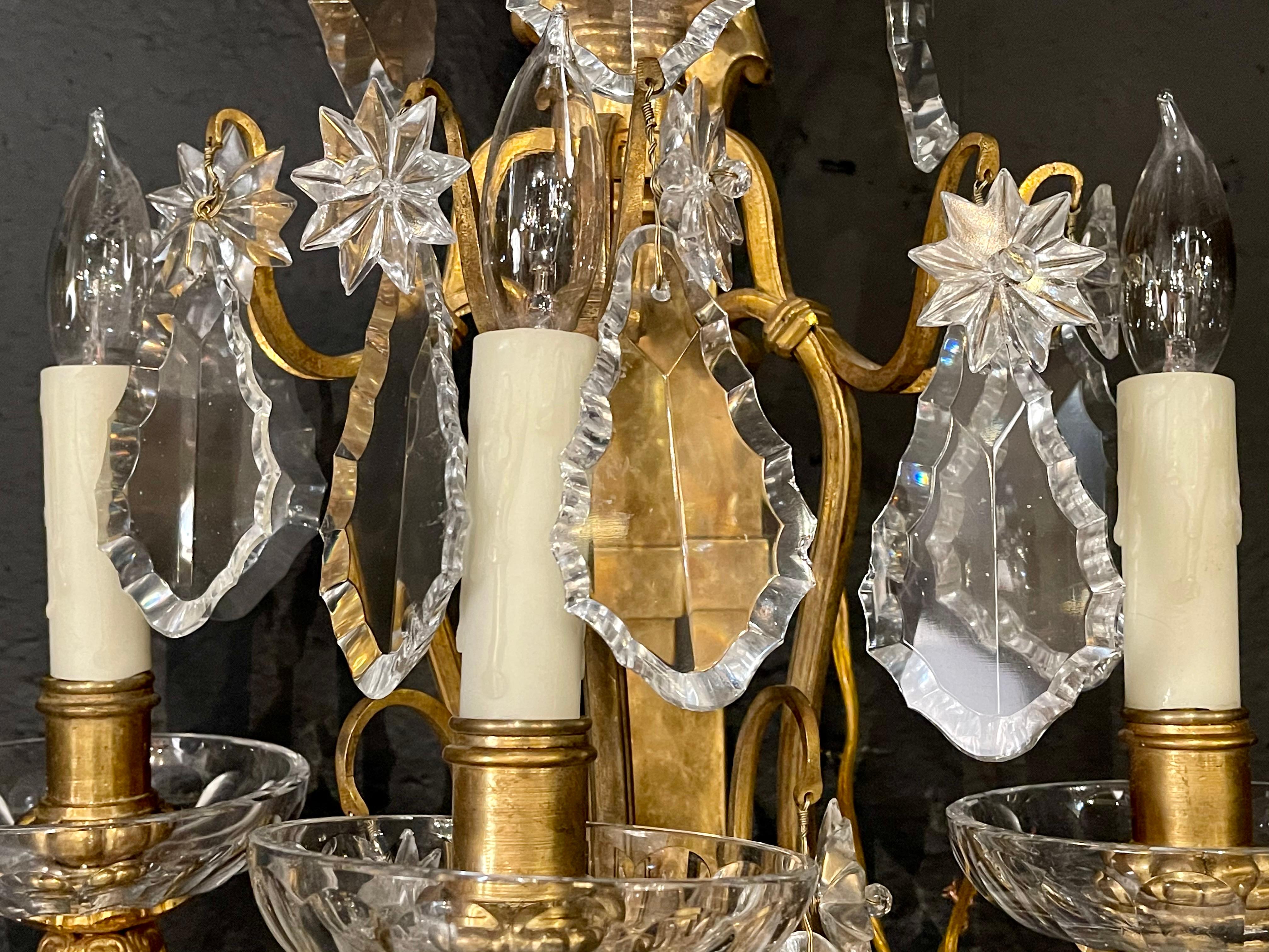 French Pair of Bronze and Crystal Wall Sconces or Lights, 3-Light