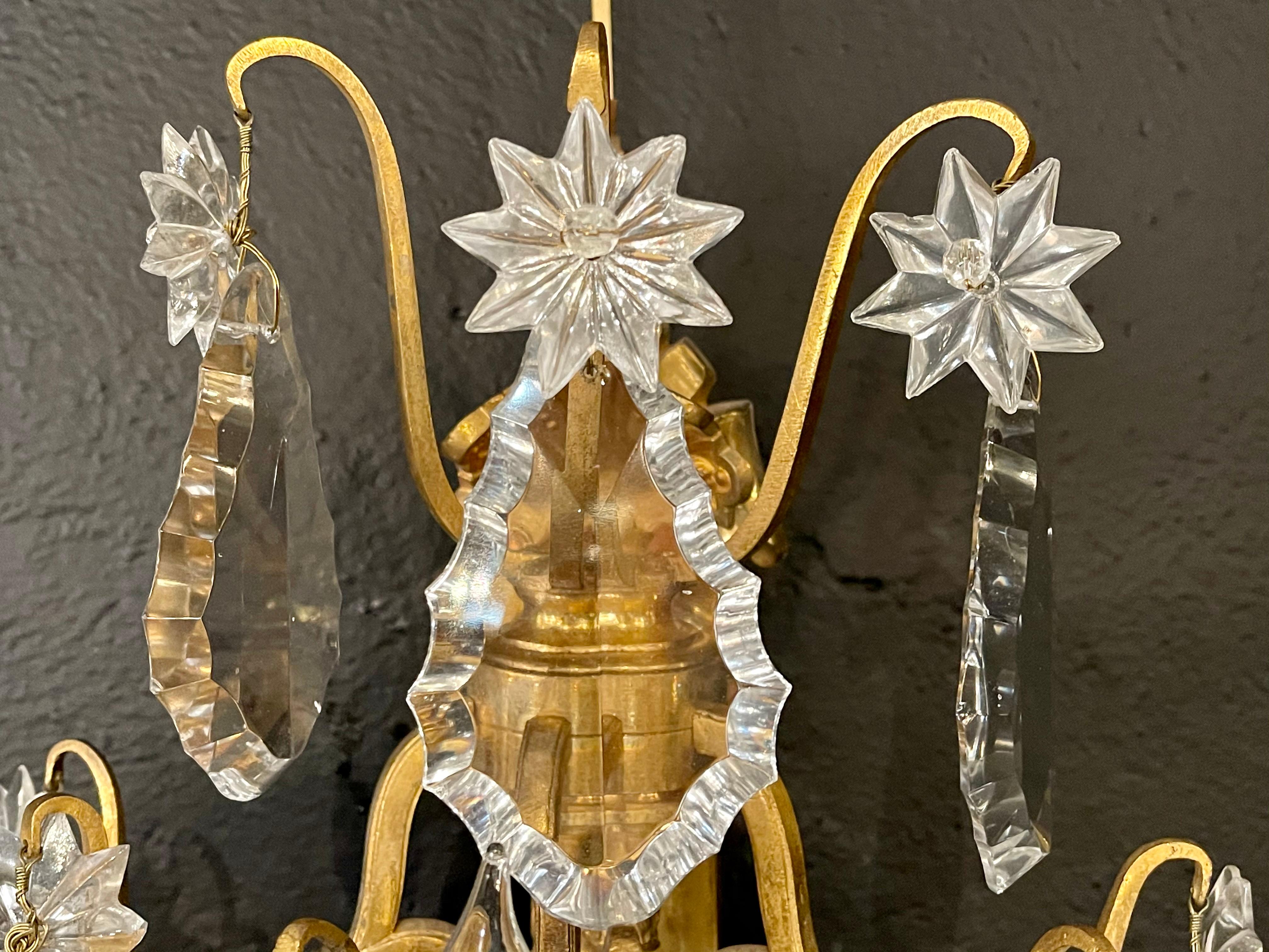Pair of Bronze and Crystal Wall Sconces or Lights, 3-Light In Good Condition In Stamford, CT