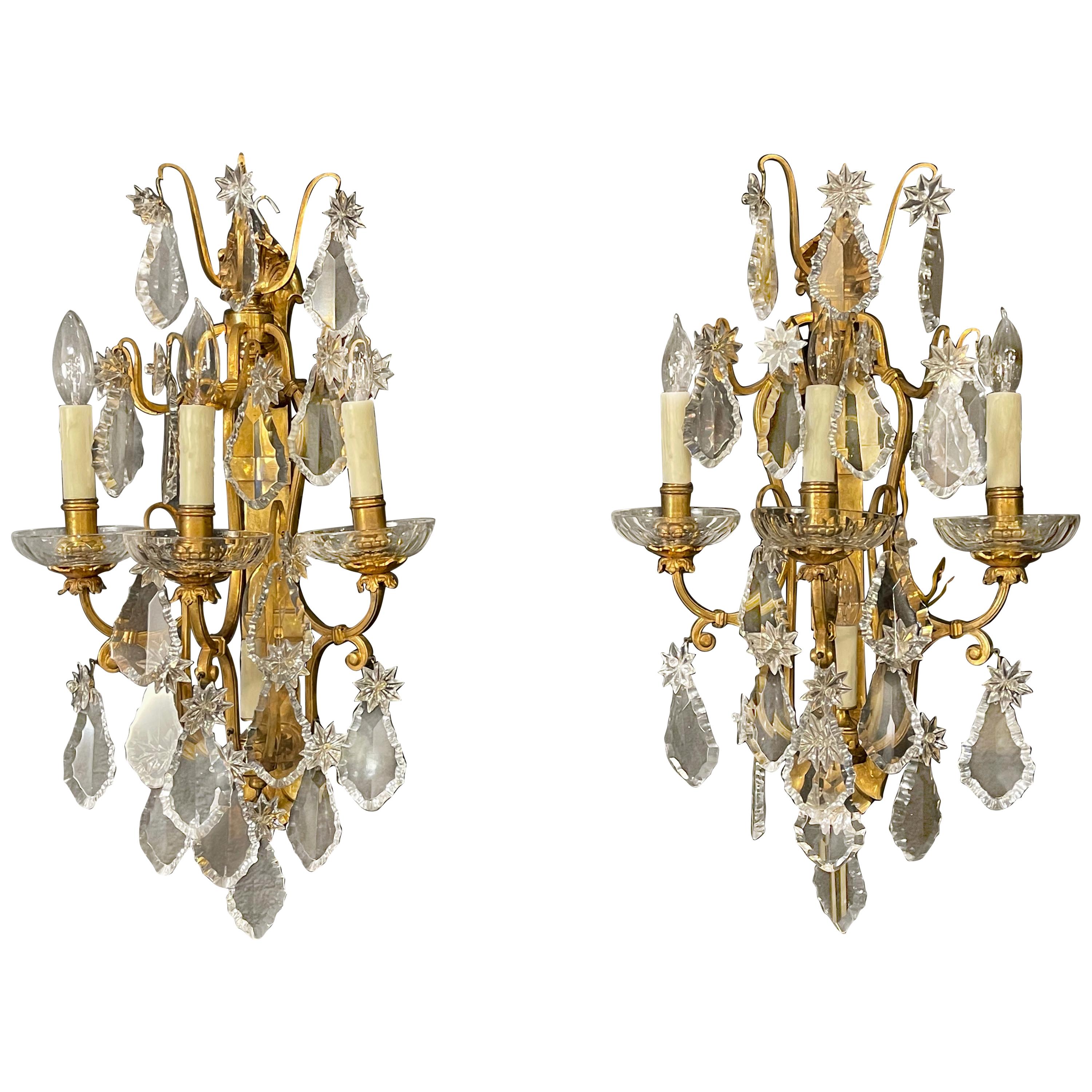 Pair of Bronze and Crystal Wall Sconces or Lights, 3-Light