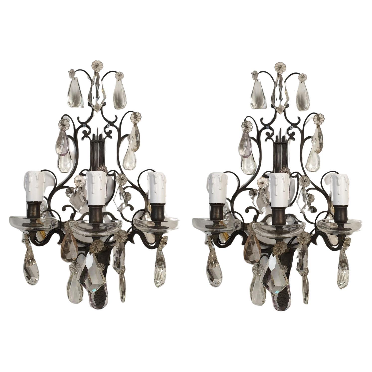 Pair of bronze and crystals French sconces For Sale