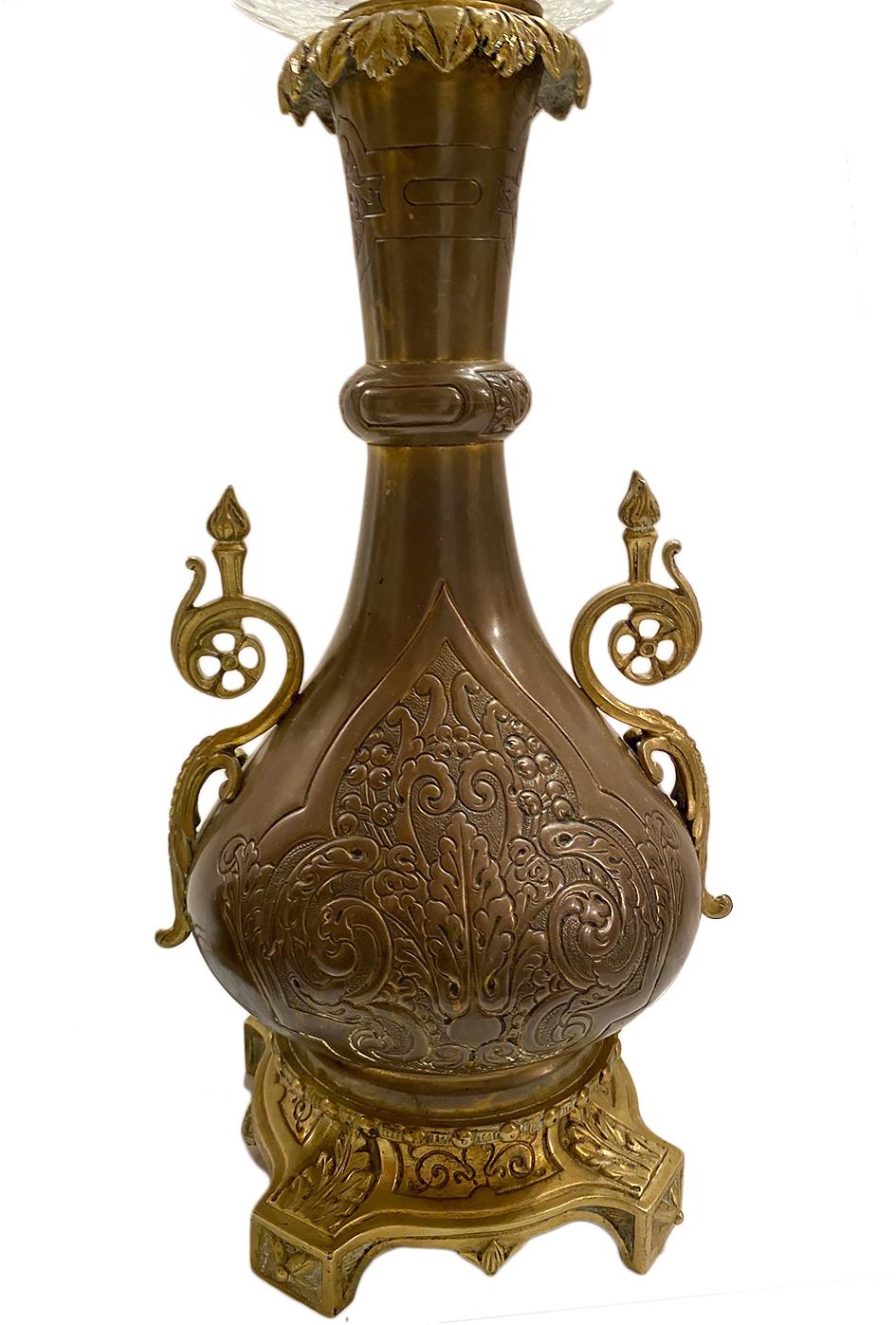 Paire de lampes de table en bronze patiné du 19e siècle avec globes en verre taillé et décor d'arabesques sur le corps.

Mesures :
Hauteur du corps 21
Diamètre (au plus large) 7