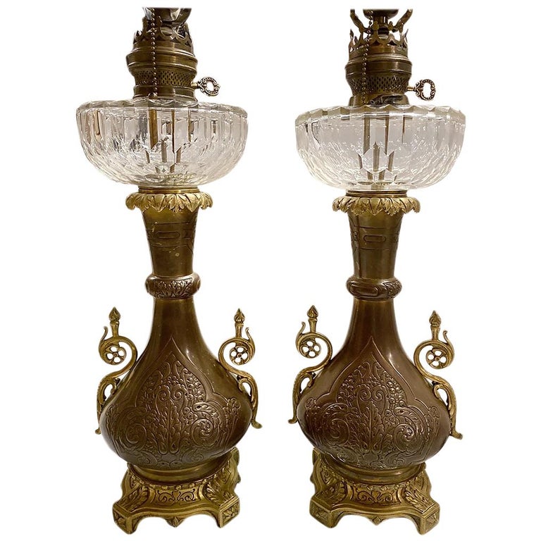 Pair of Bronze and Cut Glass Table Lamps For Sale at 1stDibs
