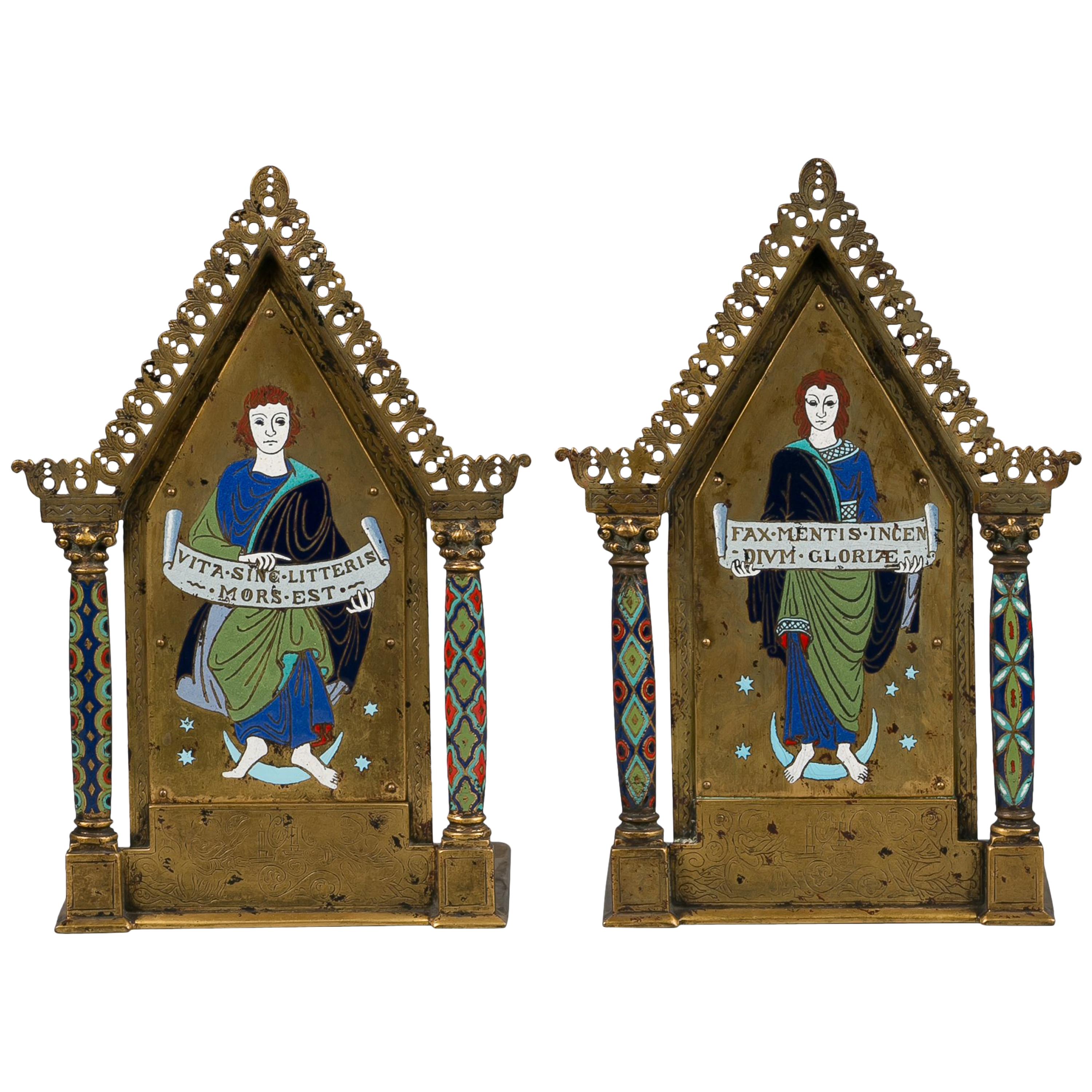 Pair of Bronze and Enamel Bookends, circa 1900