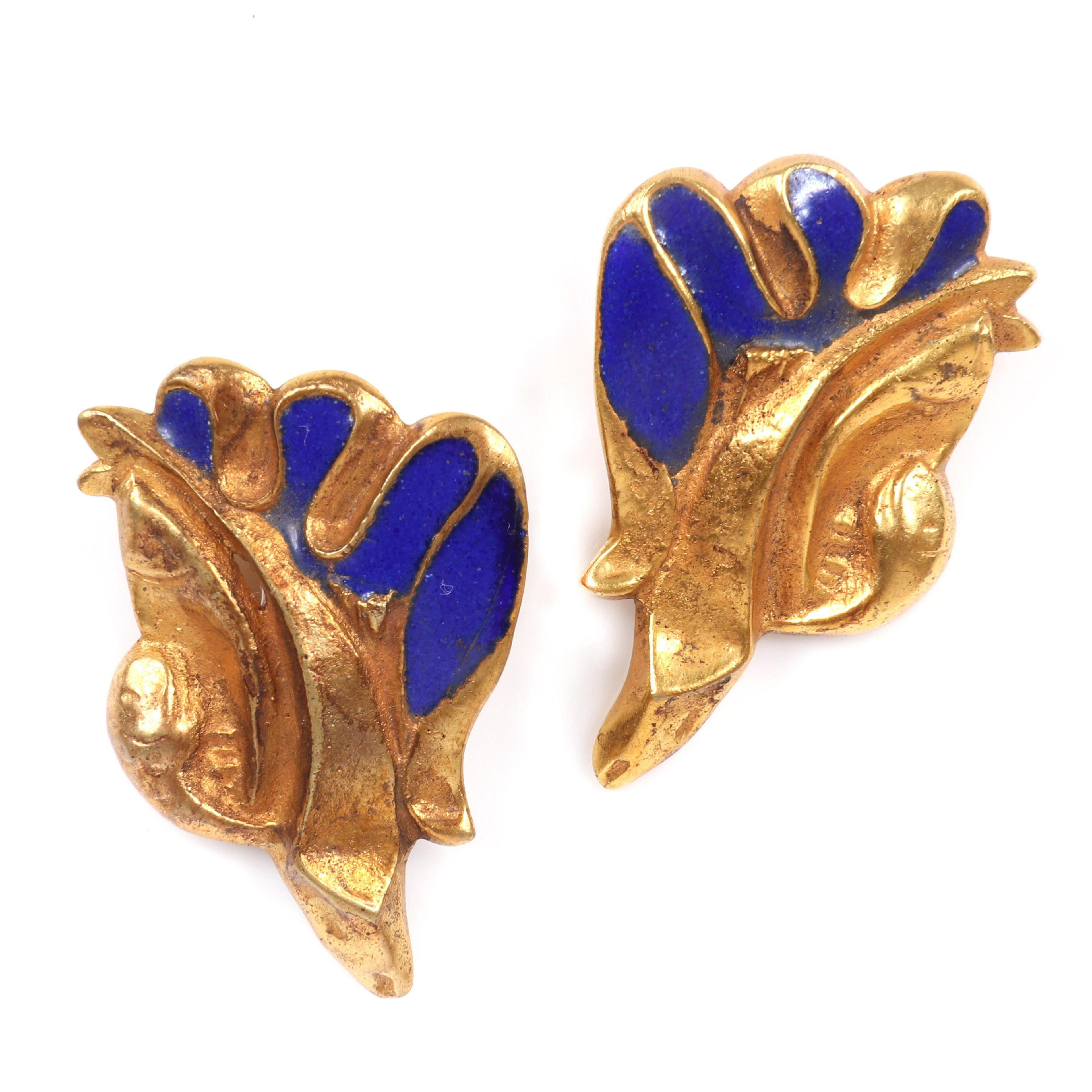 Pair of Bronze and Enamel Earrings Line Vautrin For Sale 1