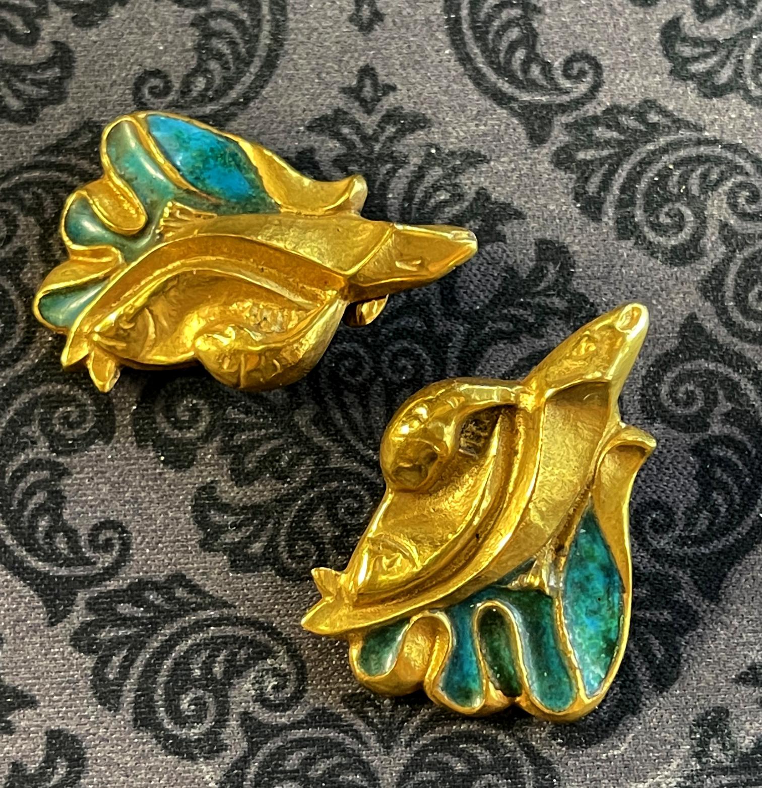 Pair of Bronze and Enamel Earrings Line Vautrin For Sale 1